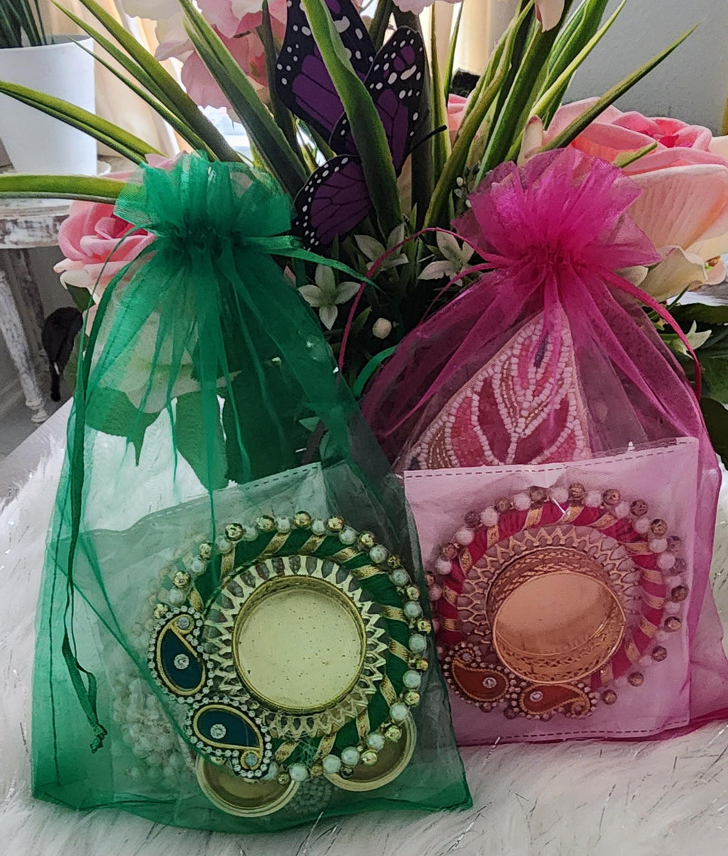Potli Bag Set: Shubh Labh, Haldi Kumkum Plate, Diya - Indian Wedding Favors