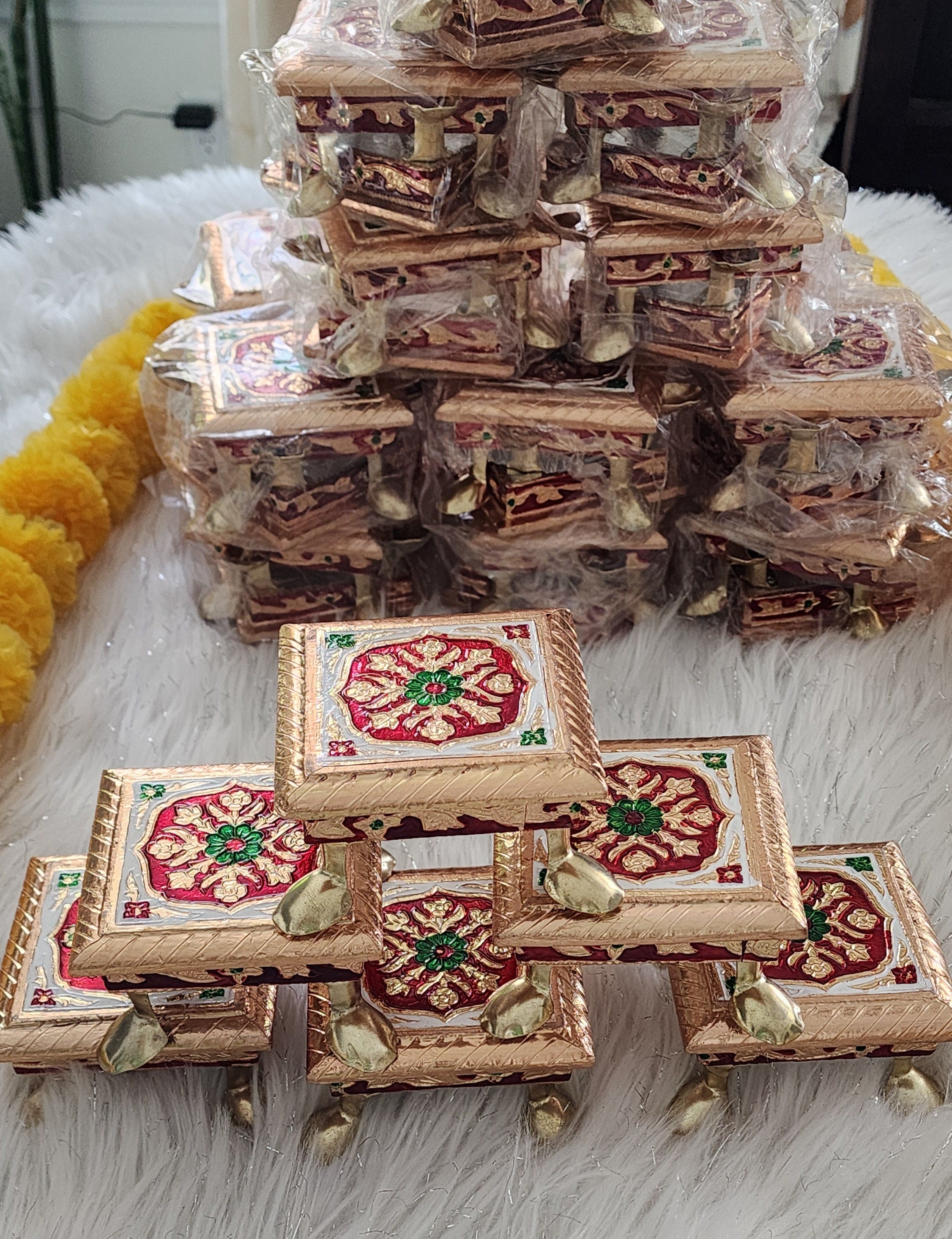 Meenakari Handmade Wooden Chowki: Pooja Stool Table for God Idols.