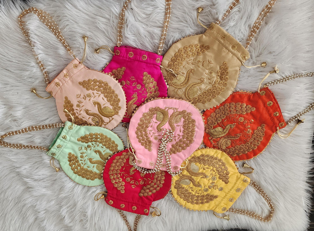Embroidered Silk Peacock Print Potli Bag: Indian Wedding Favor, Henna Party Gift