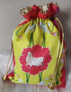 Pichwai Print Potli Bag Set: Nandi Jar & Haldi Kumkum Plate.