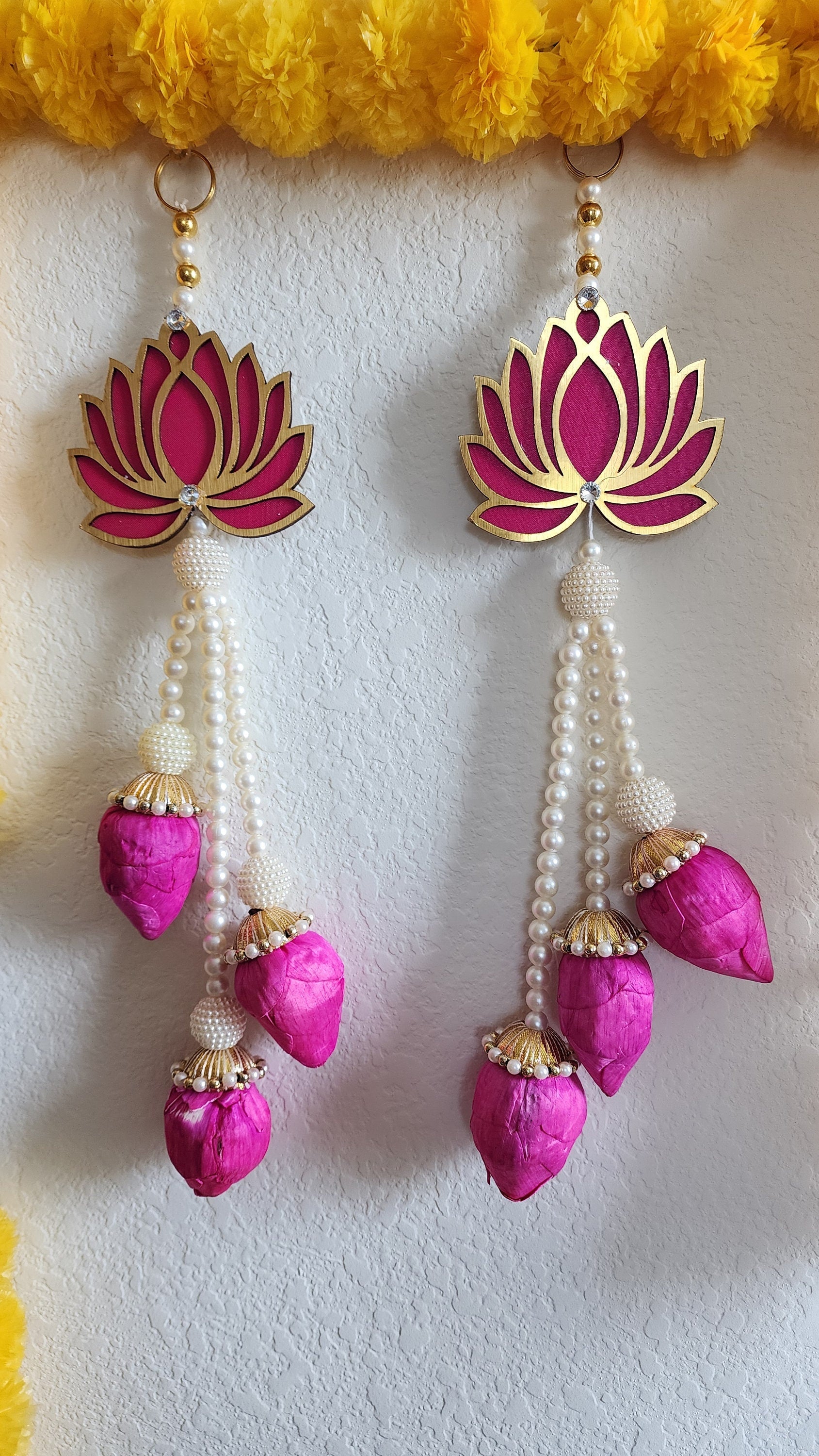 Pink Lotus Garland with Pearls: Indian Wedding Hanging Decor (Set of 2)
