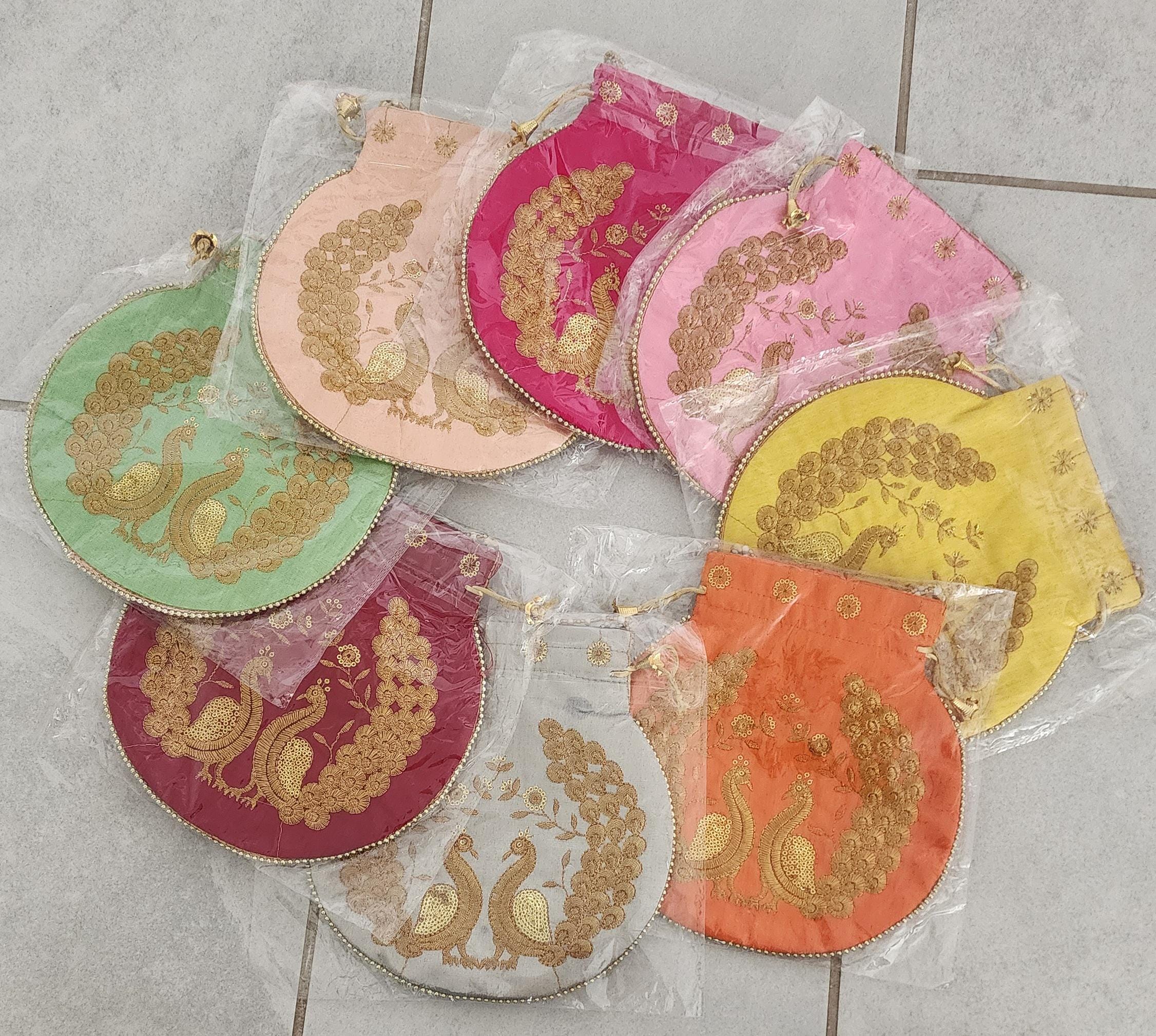 Embroidered Silk Peacock Print Potli Bag: Indian Wedding Favor, Henna Party Gift