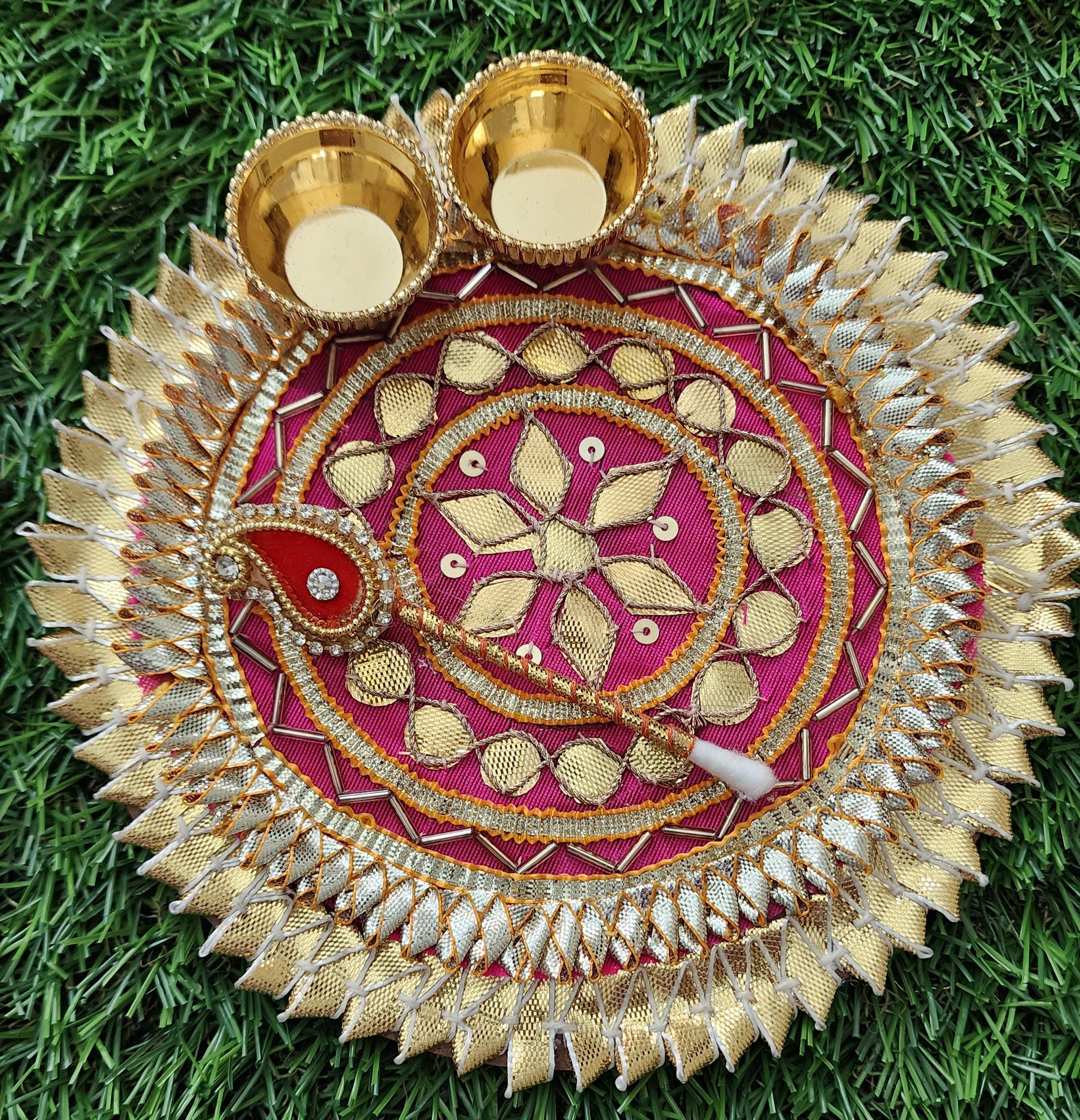 Handcrafted Haldi Kumkum Plate: Gotta Patti Work, Pooja Favor (6 inch)