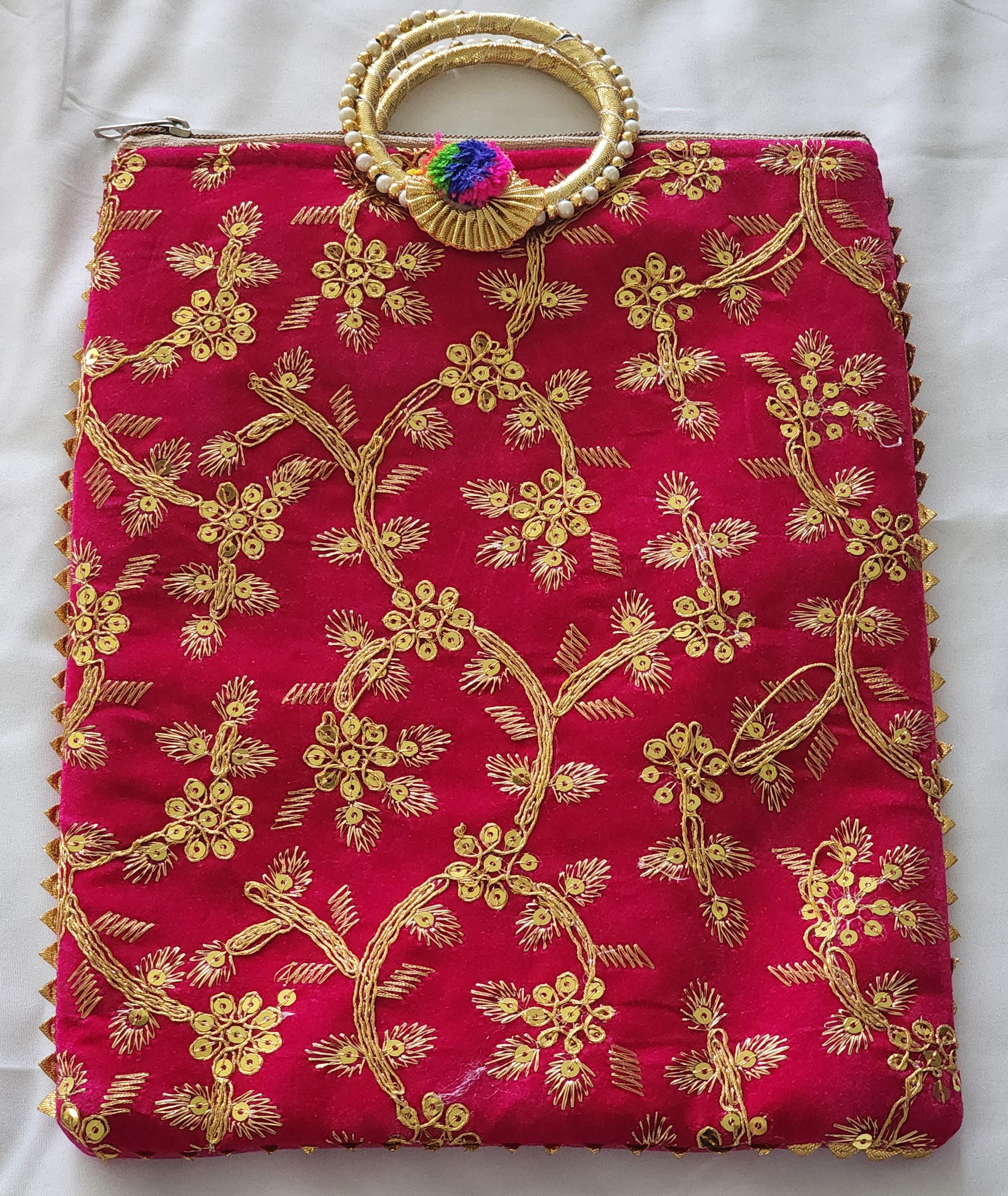 Embroidered Handmade Potli Bag with Handle and Zipper: Multicolor Floral Favor, Henna Party Gift.