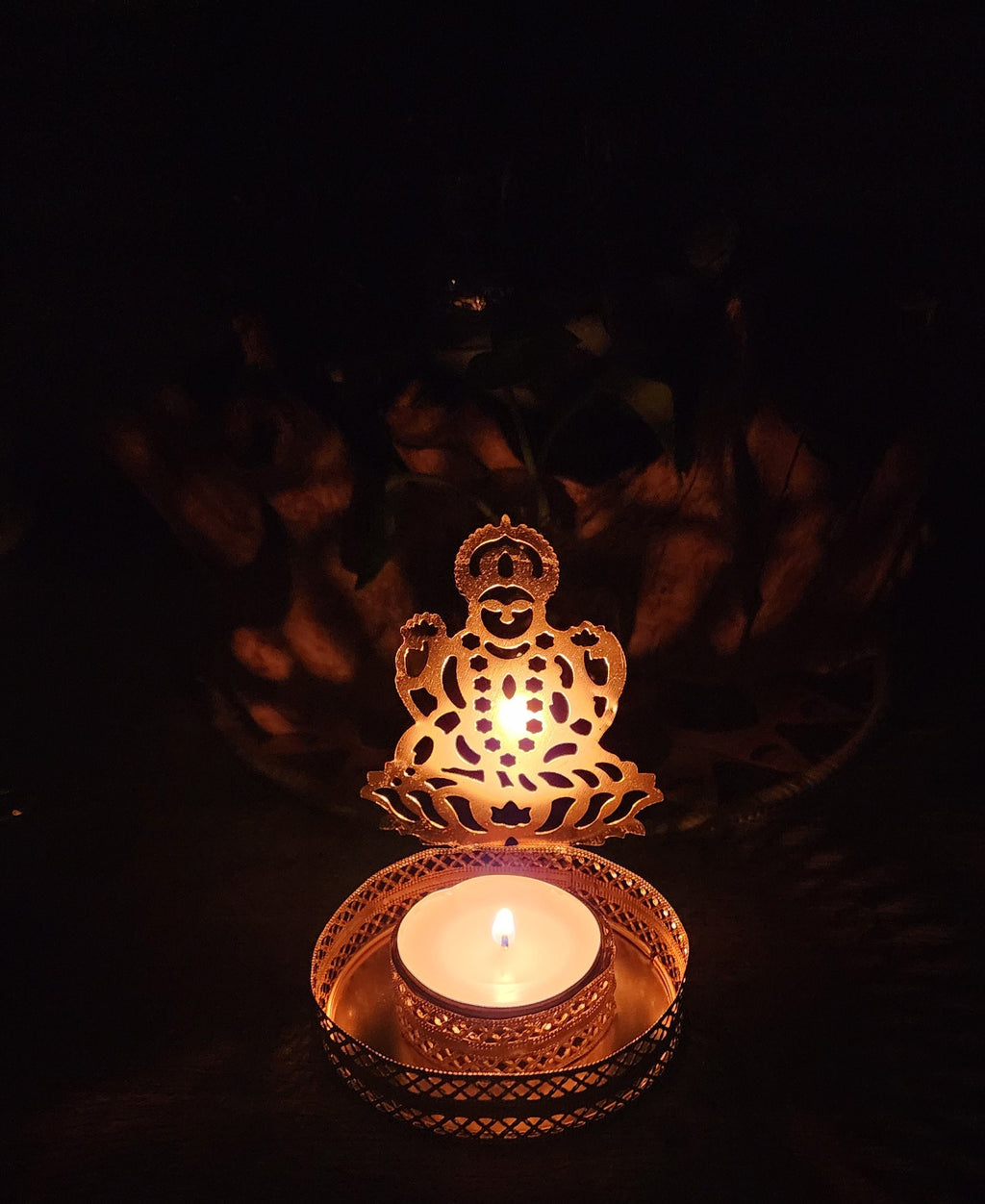 Gold Metal Shadow Diya Set: Ganesh & Lakshmi Indian Candle Holders