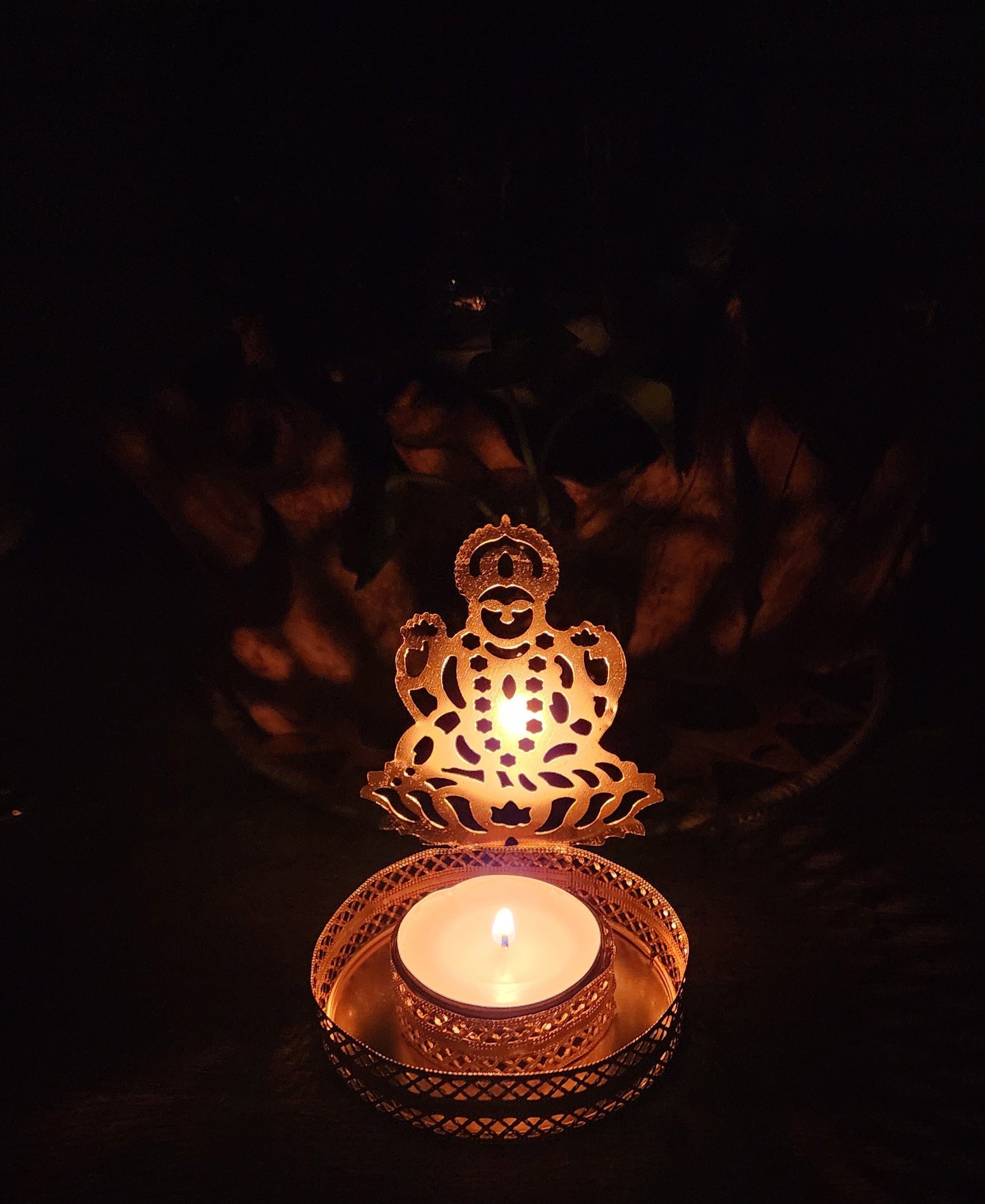 Gold Metal Shadow Diya Set: Ganesh & Lakshmi Indian Candle Holders