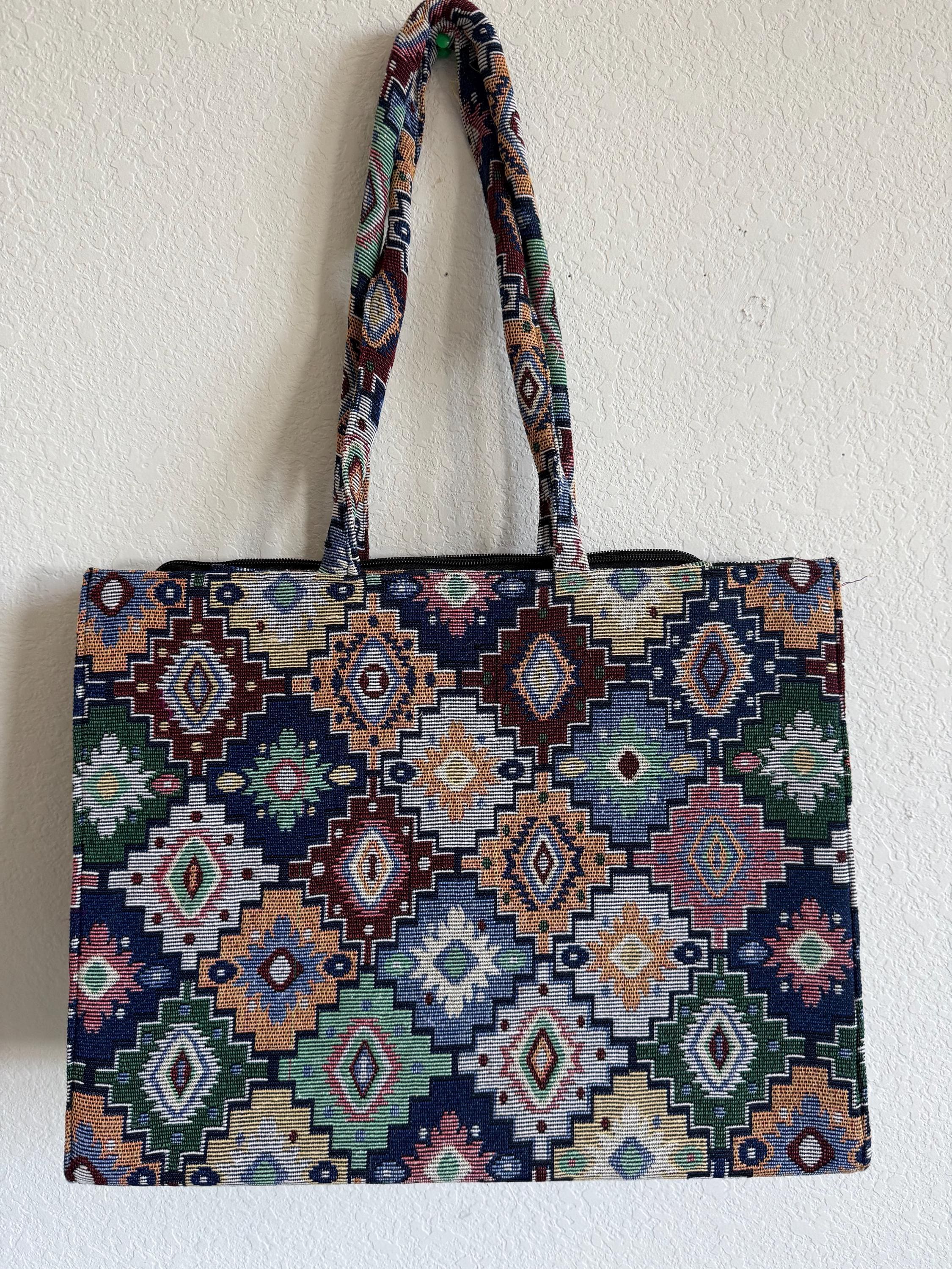Indian Vintage Tapestry Tote Bag, Geometric Floral Pattern, Double Handle, Boho Style Shopping Handbag.