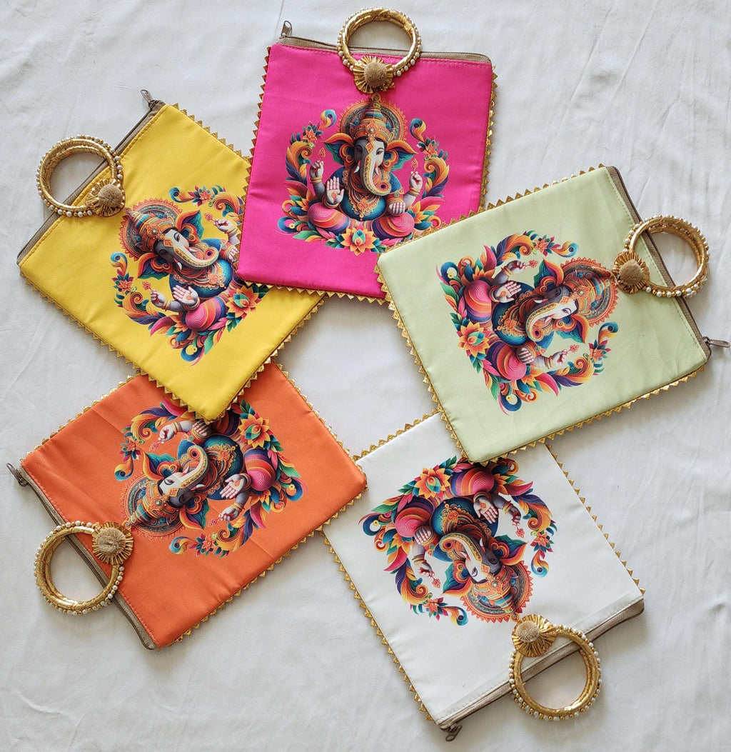 Ganesh Ji Print Silk Potli Bag: Multicolor Indian Wedding Favor
