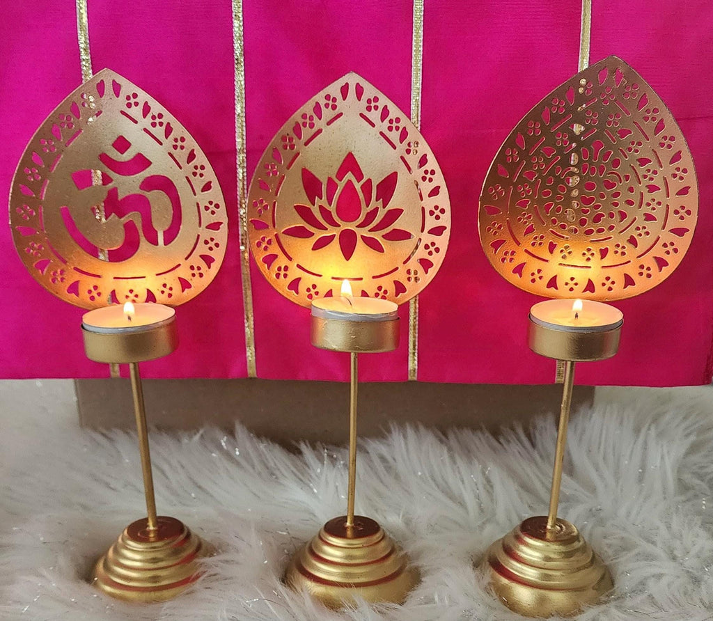 Handmade Metallic Urli Diya with Stand: Lotus/Om Diwali Decor - 10 inch
