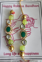 Handmade Kundan Rakhi Set: Pearl Chain Couple Rakhsha Bandhan