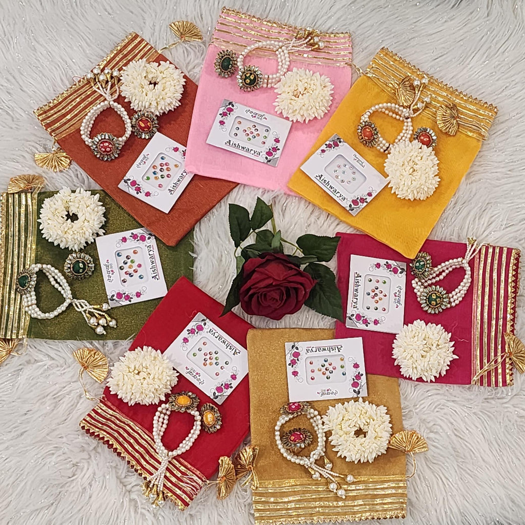 Bandhej Print Combo Set: Organza Potli Bag, Bracelet, Ring & Bindi