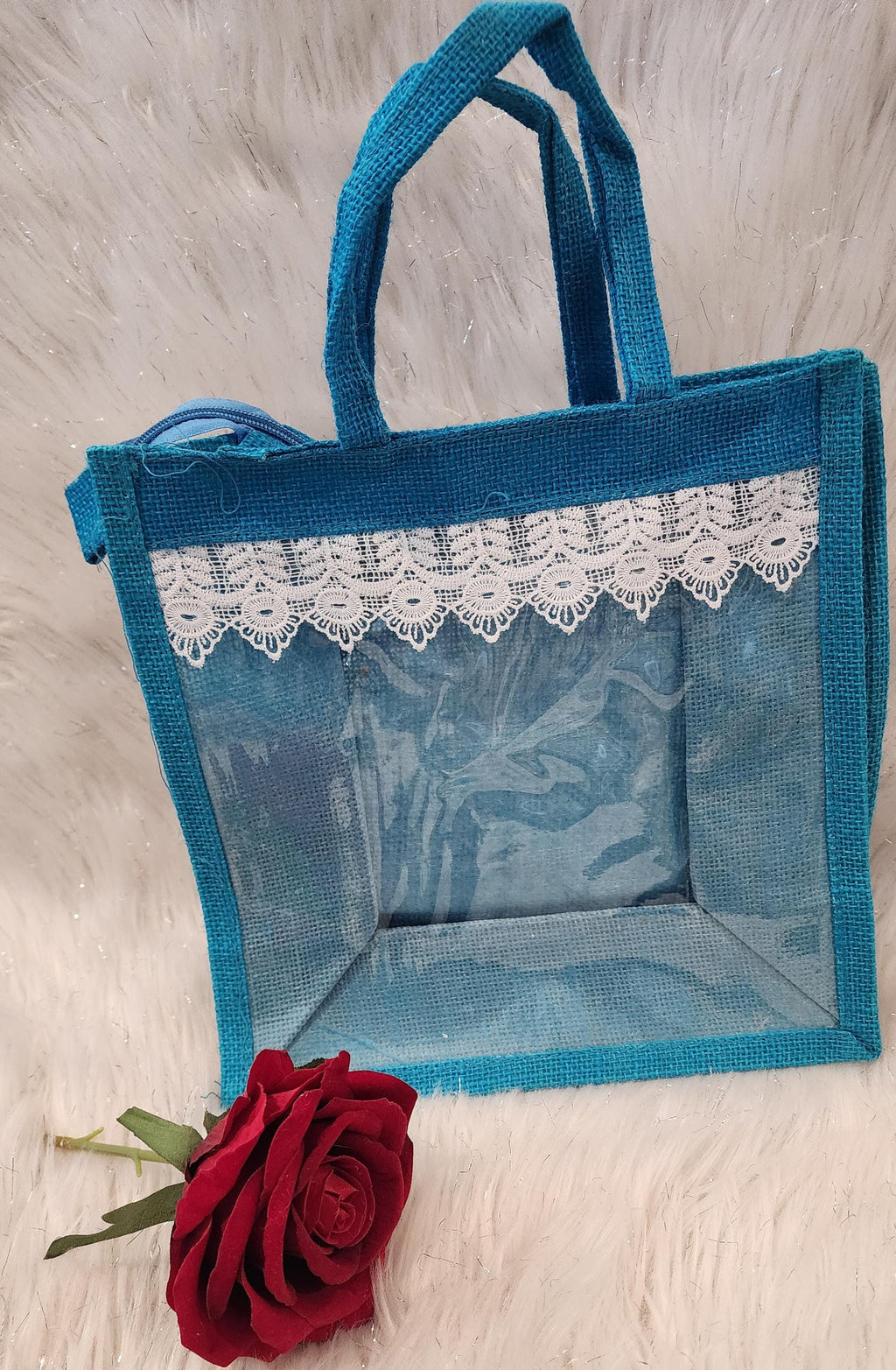 Jute Gift Handmade Bag with Lace & Transparent Panel - Party Favor Bag.