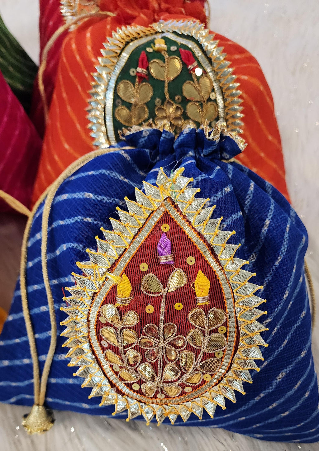 Embroidered Leheriya Potli Bag: Multicolor Gota Work, Wedding Favor