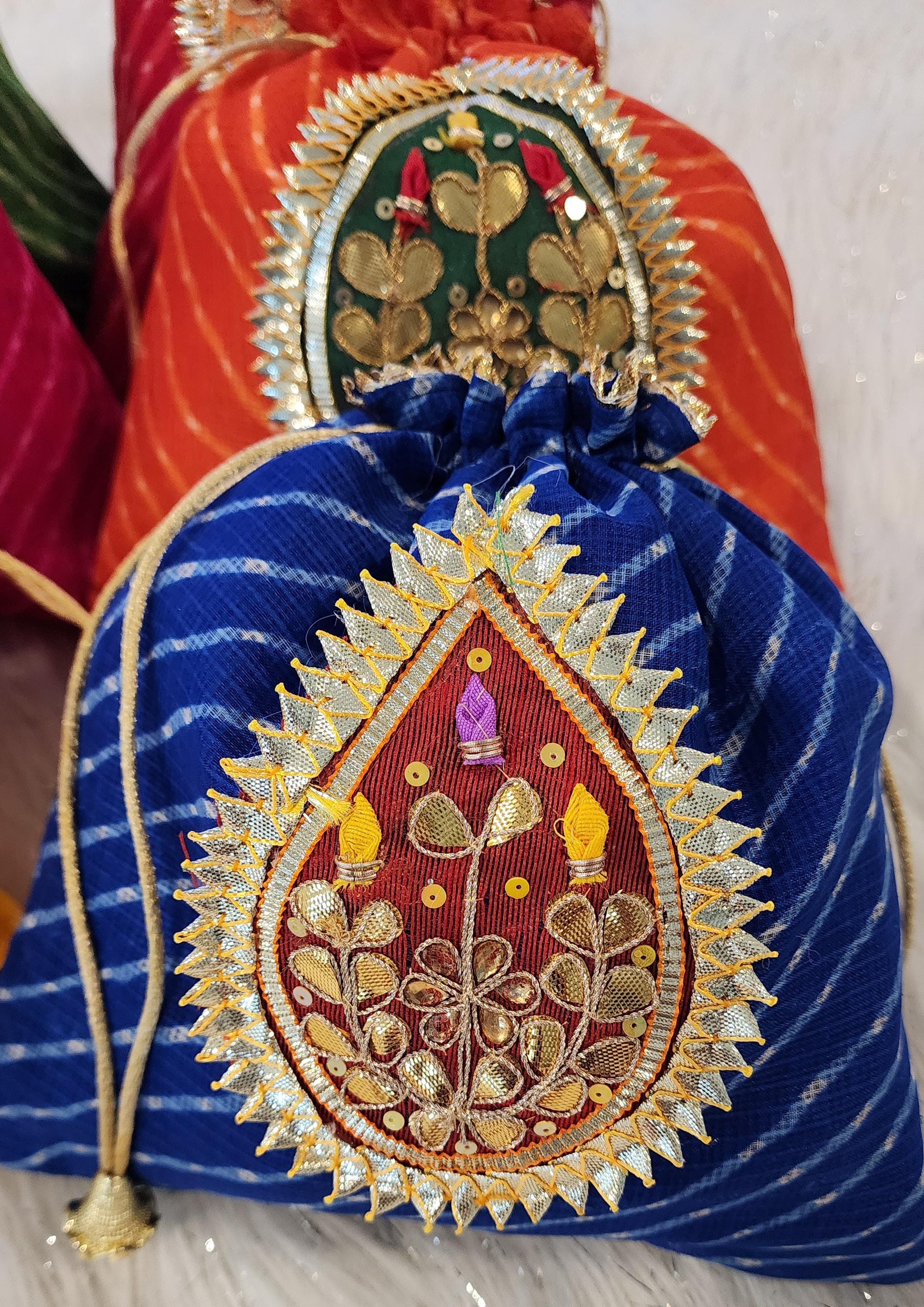 Embroidered Leheriya Potli Bag: Multicolor Gota Work, Wedding Favor