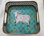 Pichwai Handmade Art Metal SquareTray Nandi Cow Design, Gift Favor.