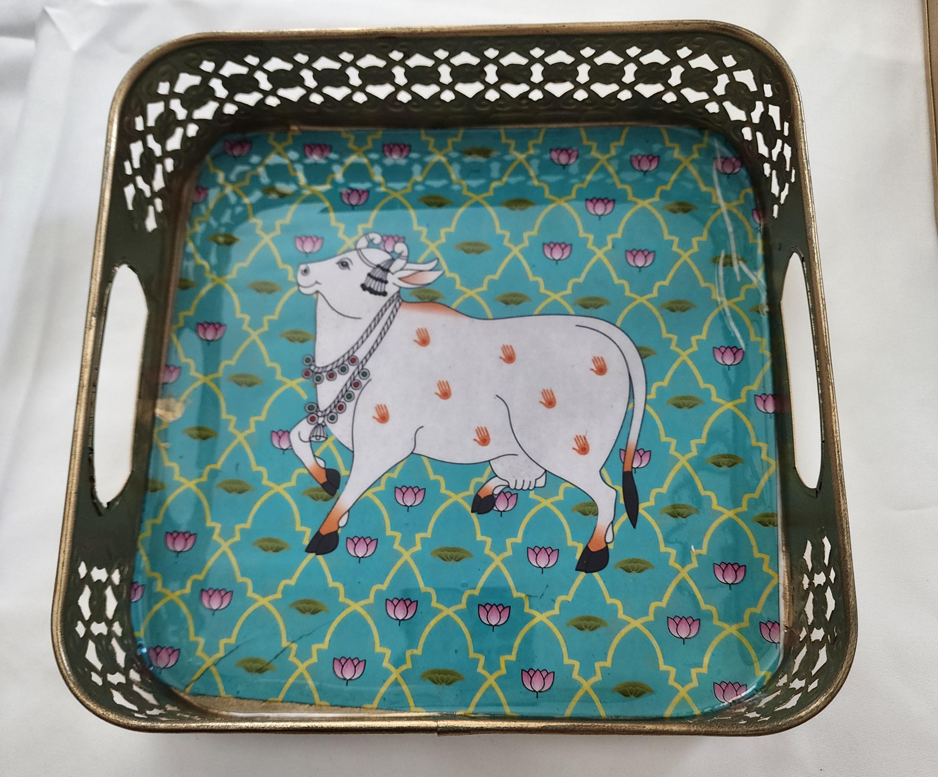 Pichwai Handmade Art Metal SquareTray Nandi Cow Design, Gift Favor.