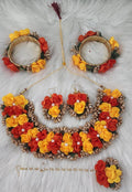 Floral Haldi Mehandi Jewelry Set: Necklace, Earrings, Maang Tikka & Hand Gajra