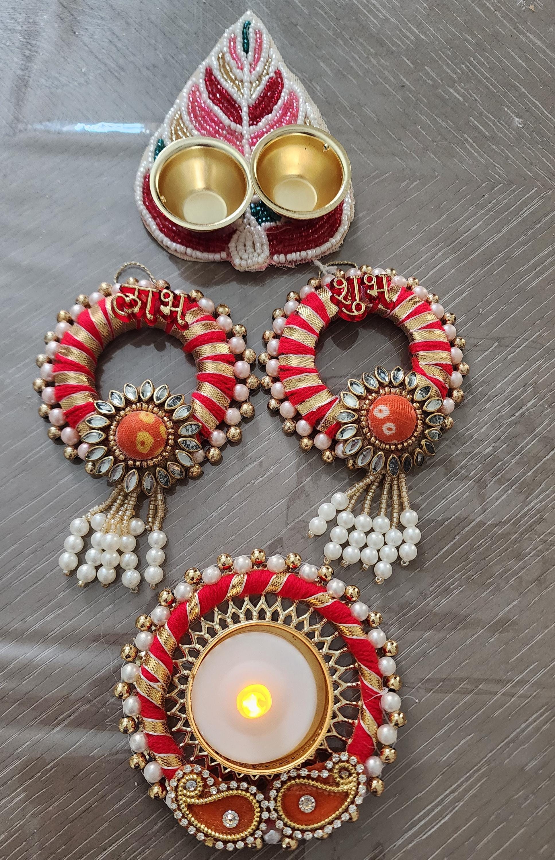 Potli Bag Set: Shubh Labh, Haldi Kumkum Plate, Diya - Indian Wedding Favors
