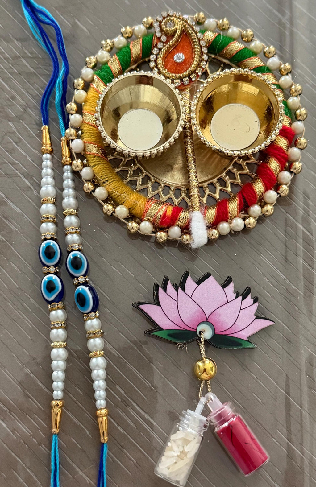 Handmade Rakhi Set: Evil Eye Rakhi, Haldi Kumkum Plate, Roli Chawal