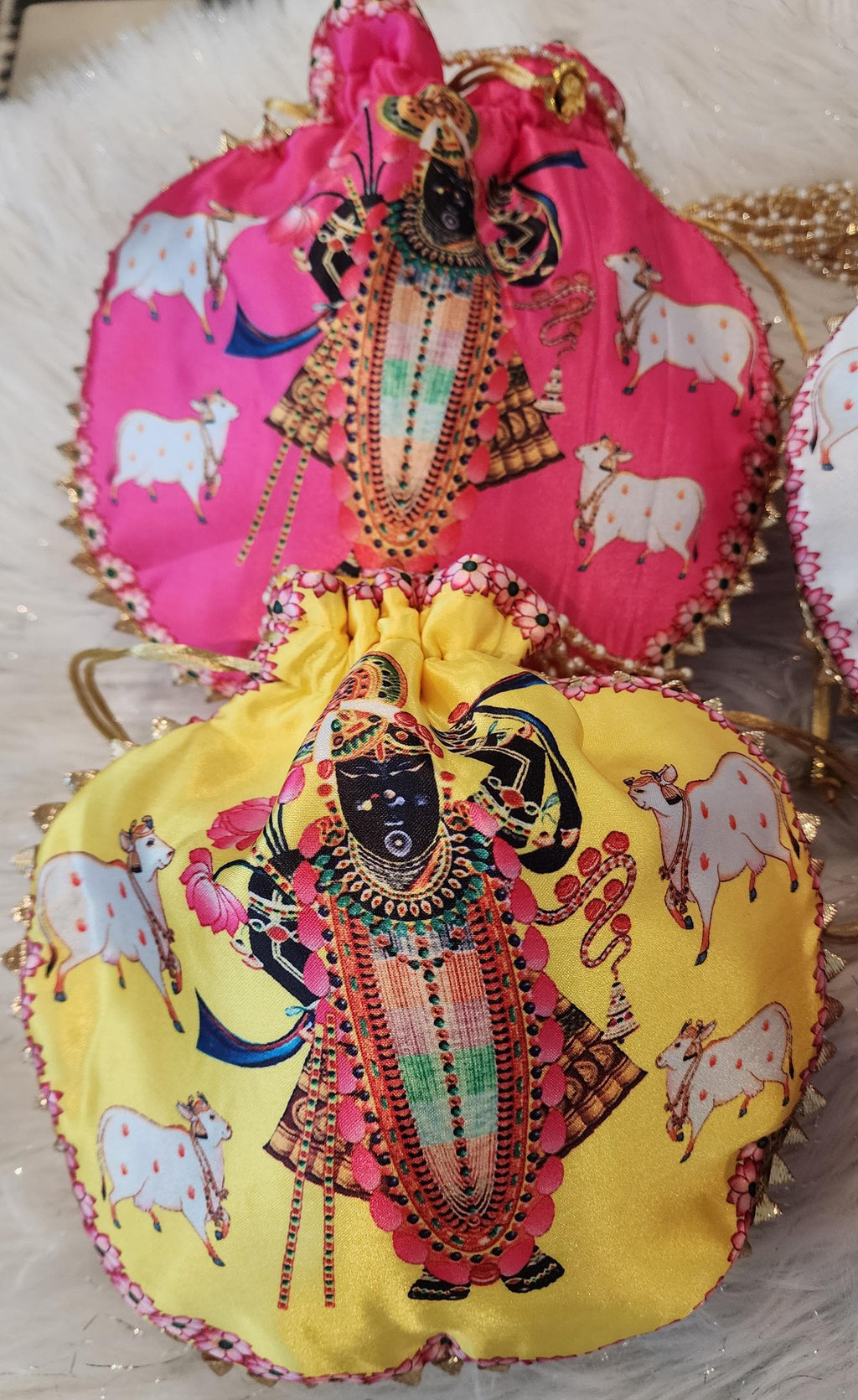 Shreenath ji God Potli Bag: Embroidered Silk Clutch, Indian Wedding Favor.
