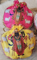 Shreenath ji God Potli Bag: Embroidered Silk Clutch, Indian Wedding Favor.