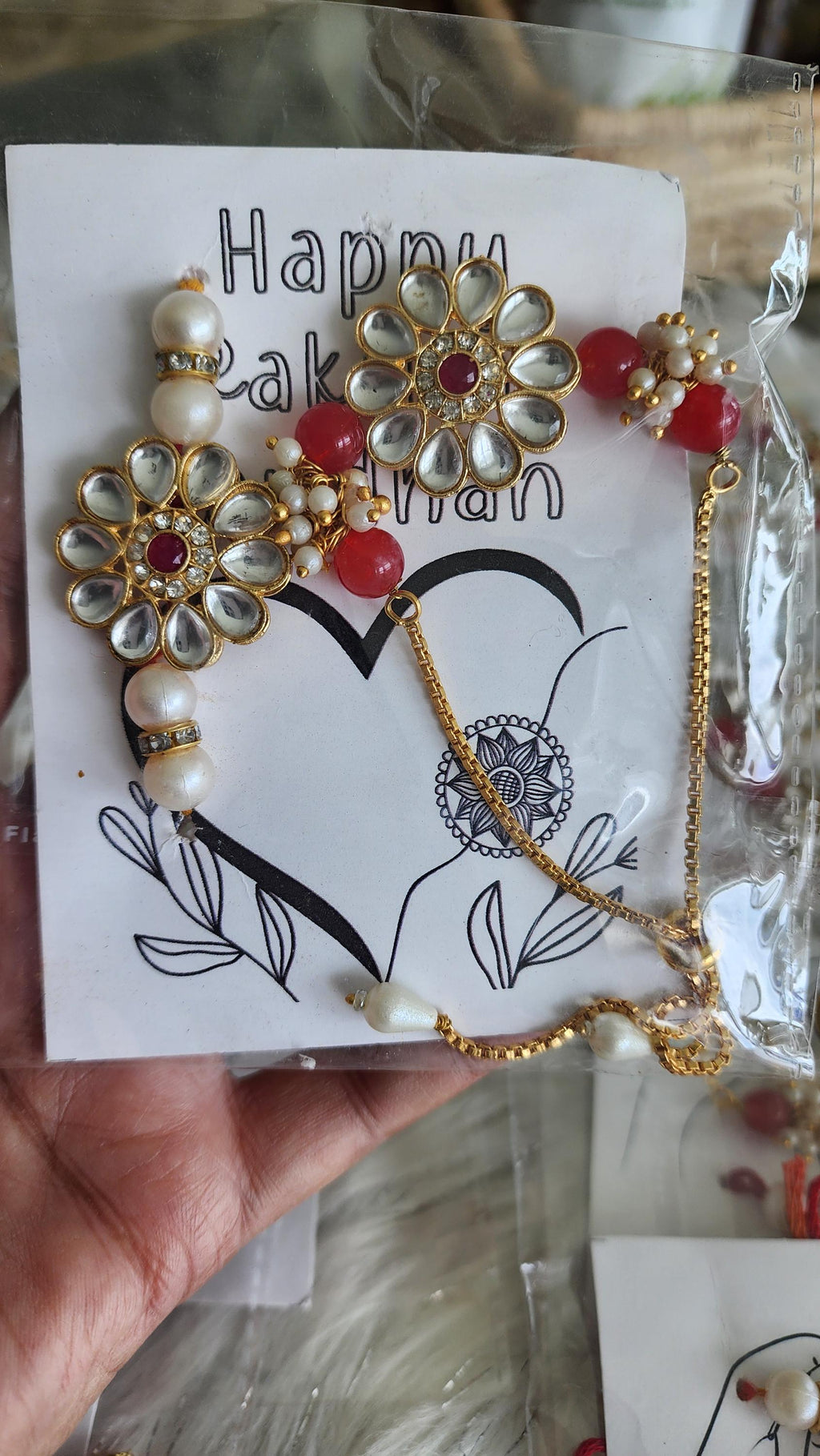 Handmade Kundan Couple Rakhi Set: Pearl Chain, Roli & Chawal