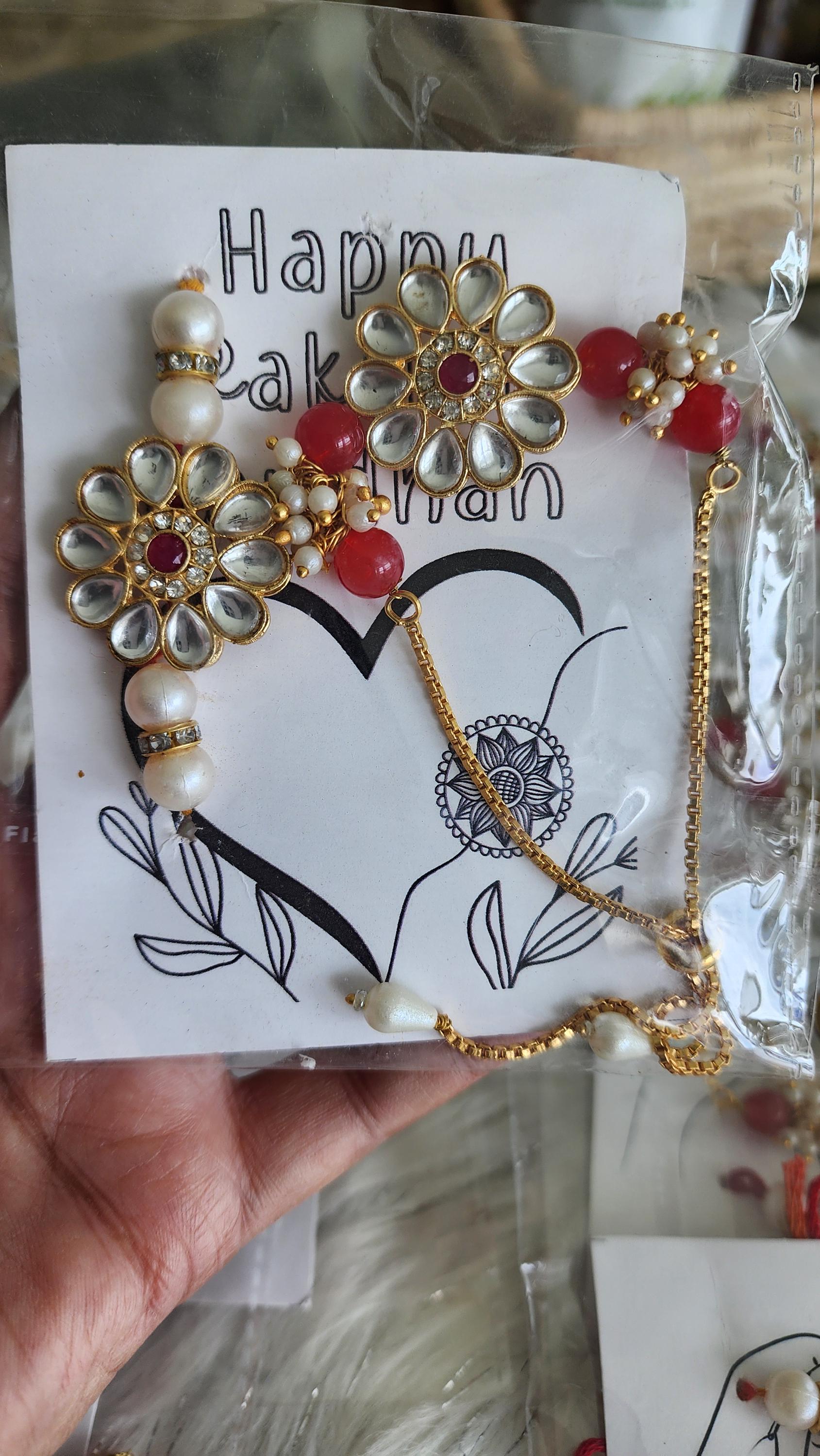 Handmade Kundan Couple Rakhi Set: Pearl Chain, Roli & Chawal