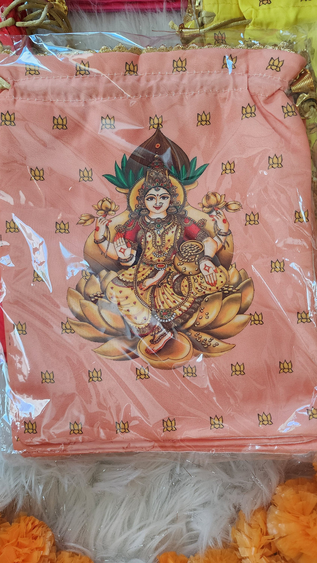 Lakshmi Print Silk Potli Bags - Hindu Wedding Favor Bags.