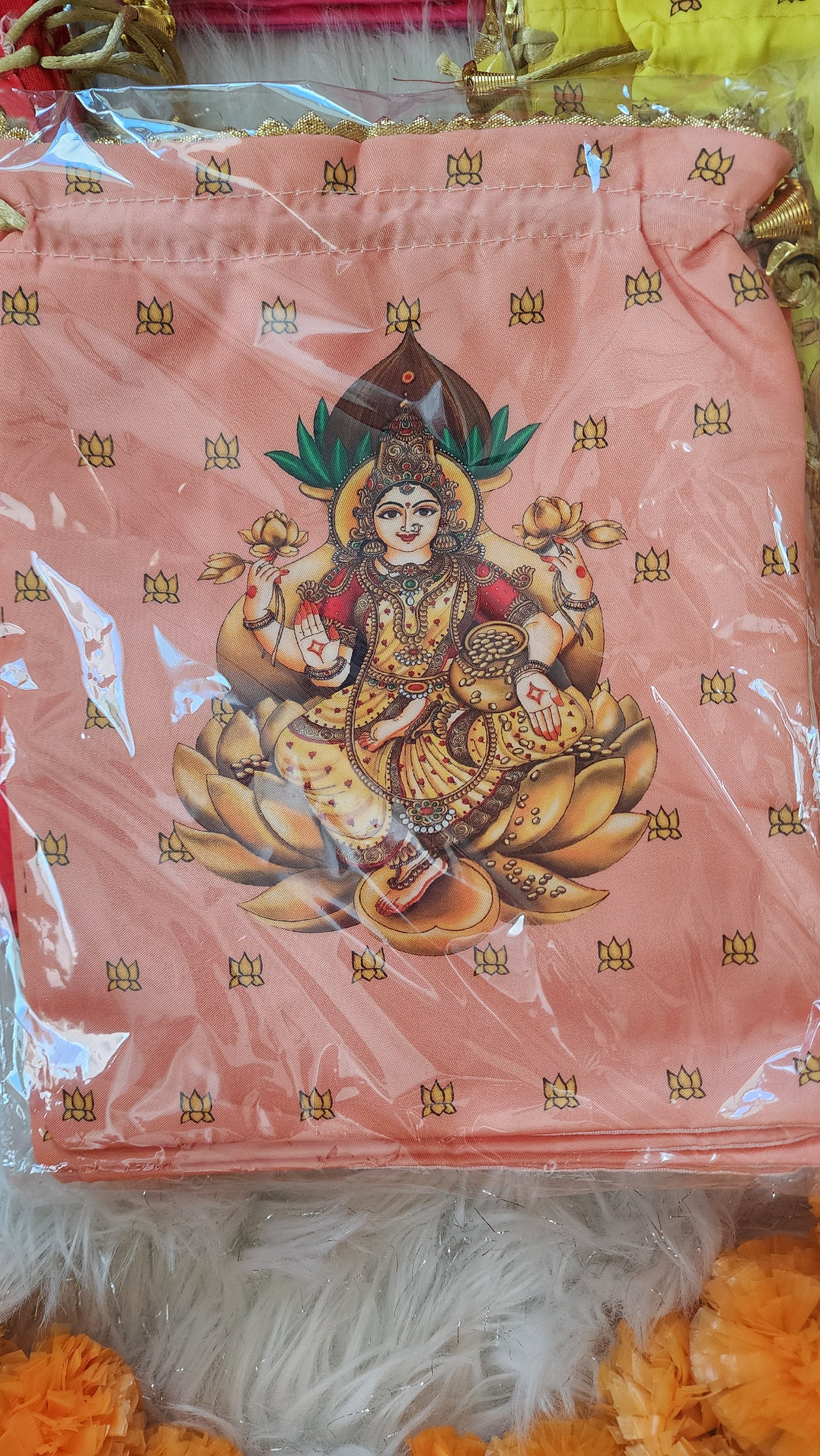 Lakshmi Print Silk Potli Bags - Hindu Wedding Favor Bags.