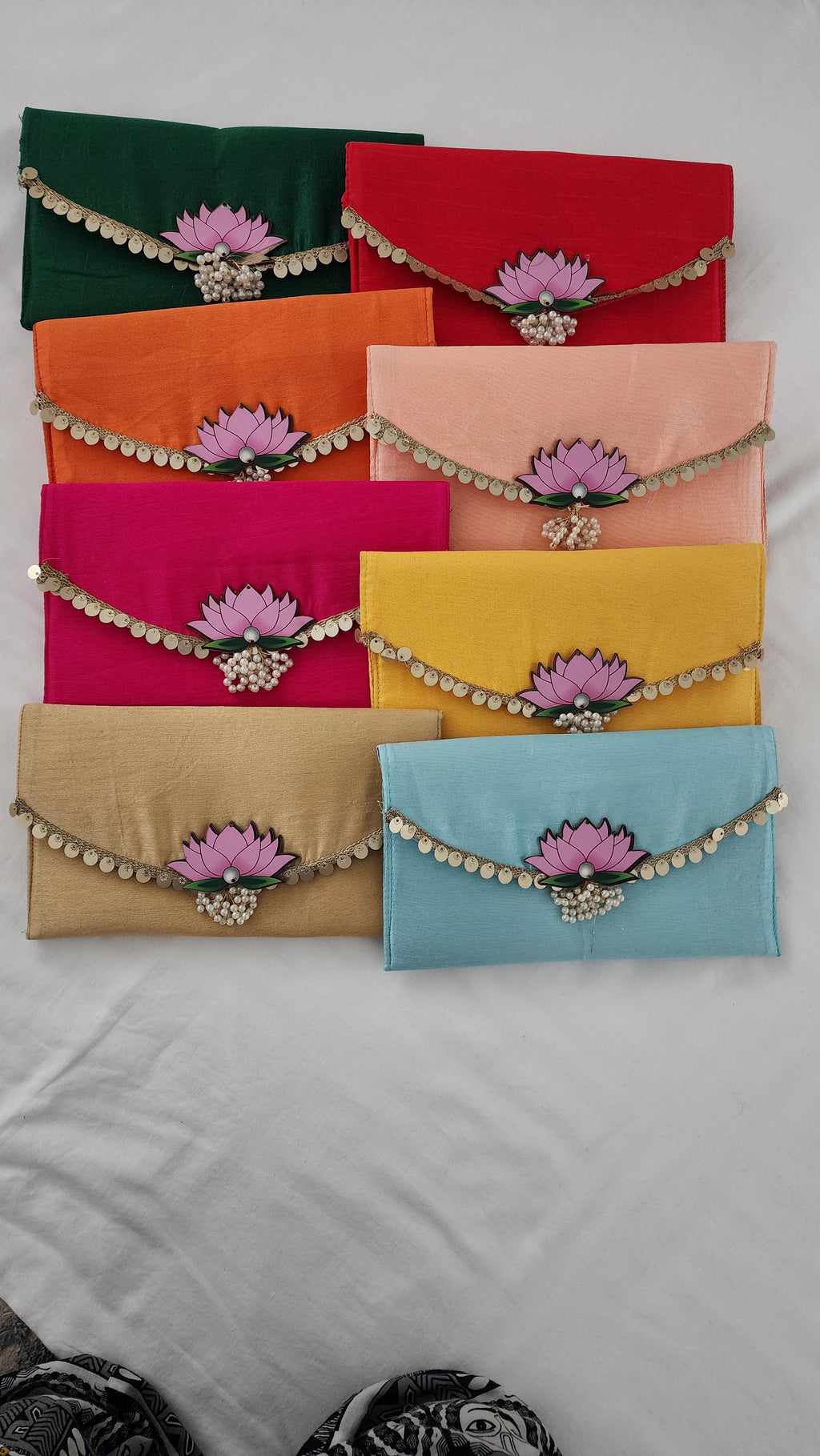 Handcrafted Clutch Purse: Indian Wedding Favor Bag with Lotus & Pearl