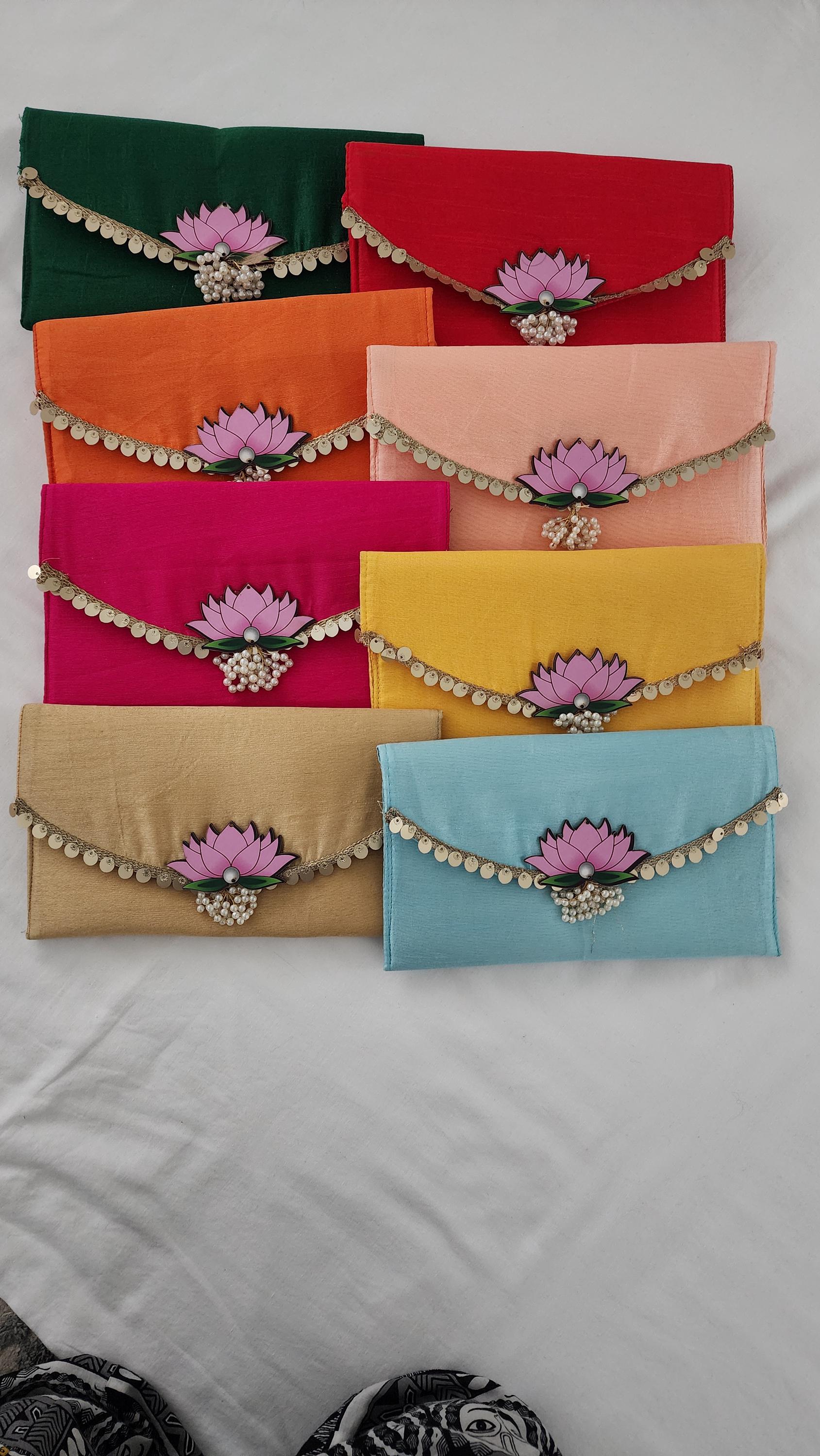 Handcrafted Clutch Purse: Indian Wedding Favor Bag with Lotus & Pearl