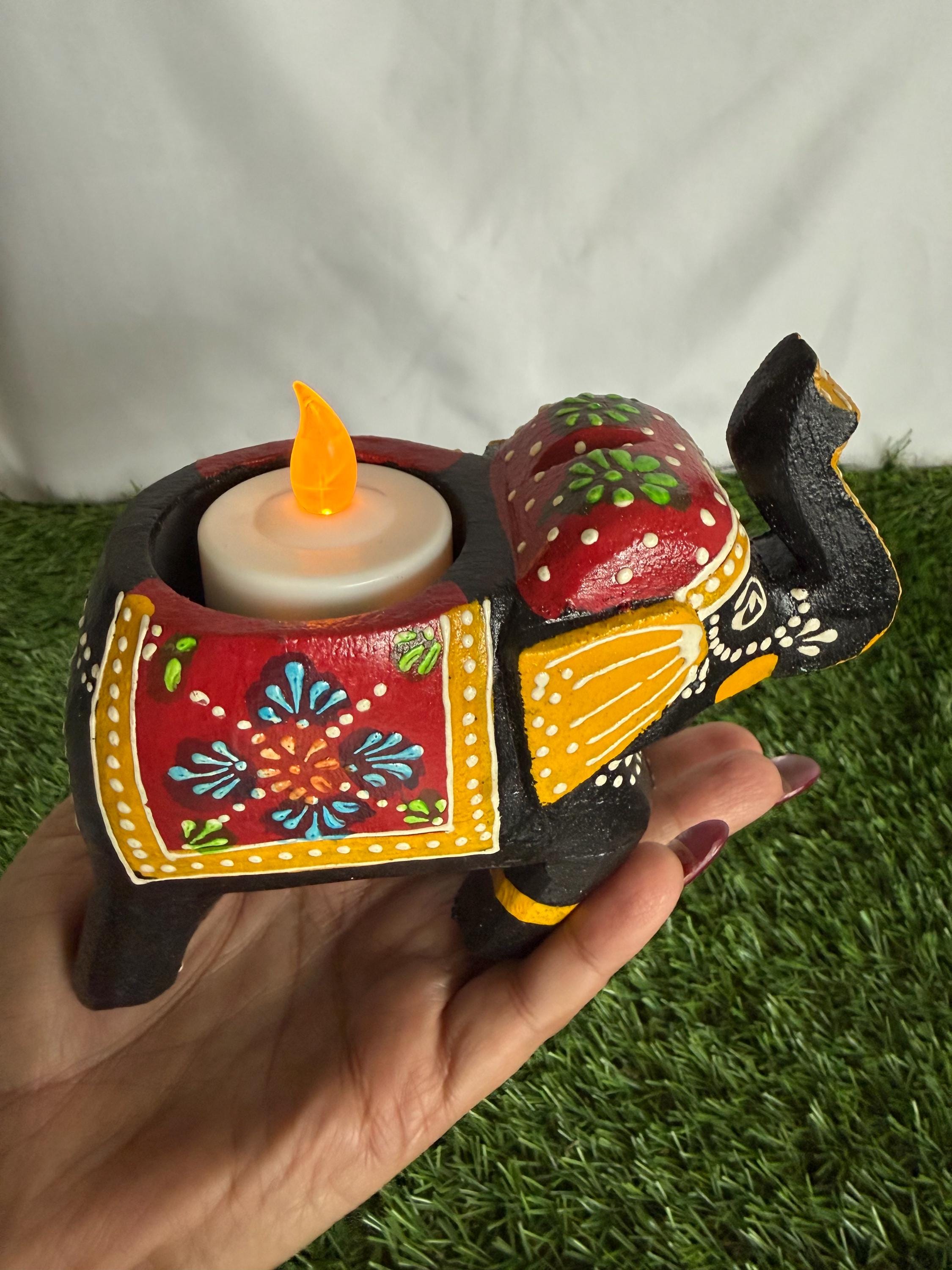 Handmade Wooden Elephant Tea Light Holder, Home Decor Lamp, Candle Light Lamp for Diwali .