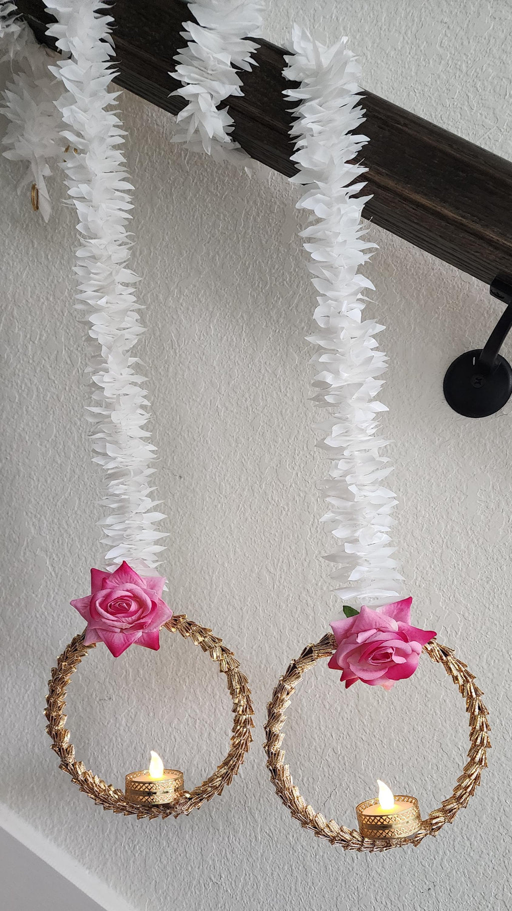 Handmade Pink Rose Garland with Golden Ring: Indian Wedding Diwali Decor.