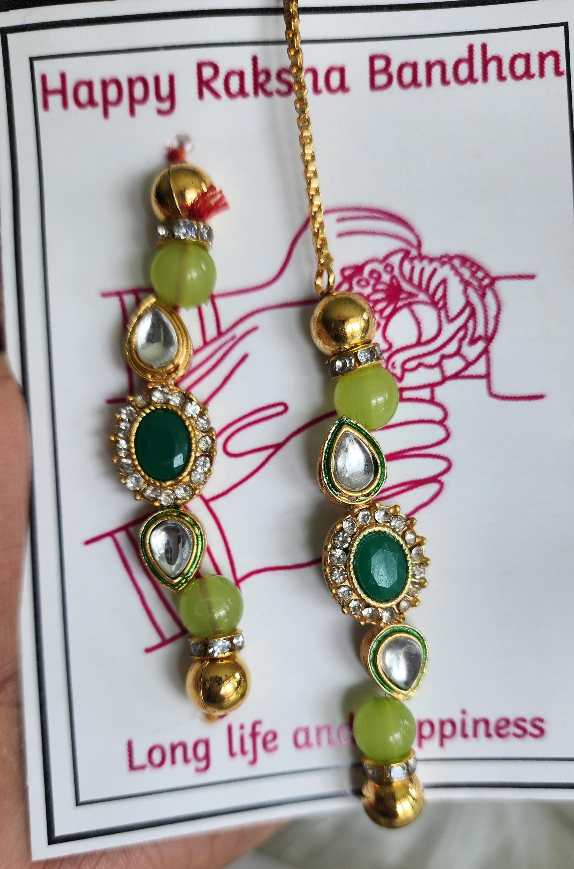 Handmade Kundan Rakhi Set: Pearl Chain Couple Rakhsha Bandhan