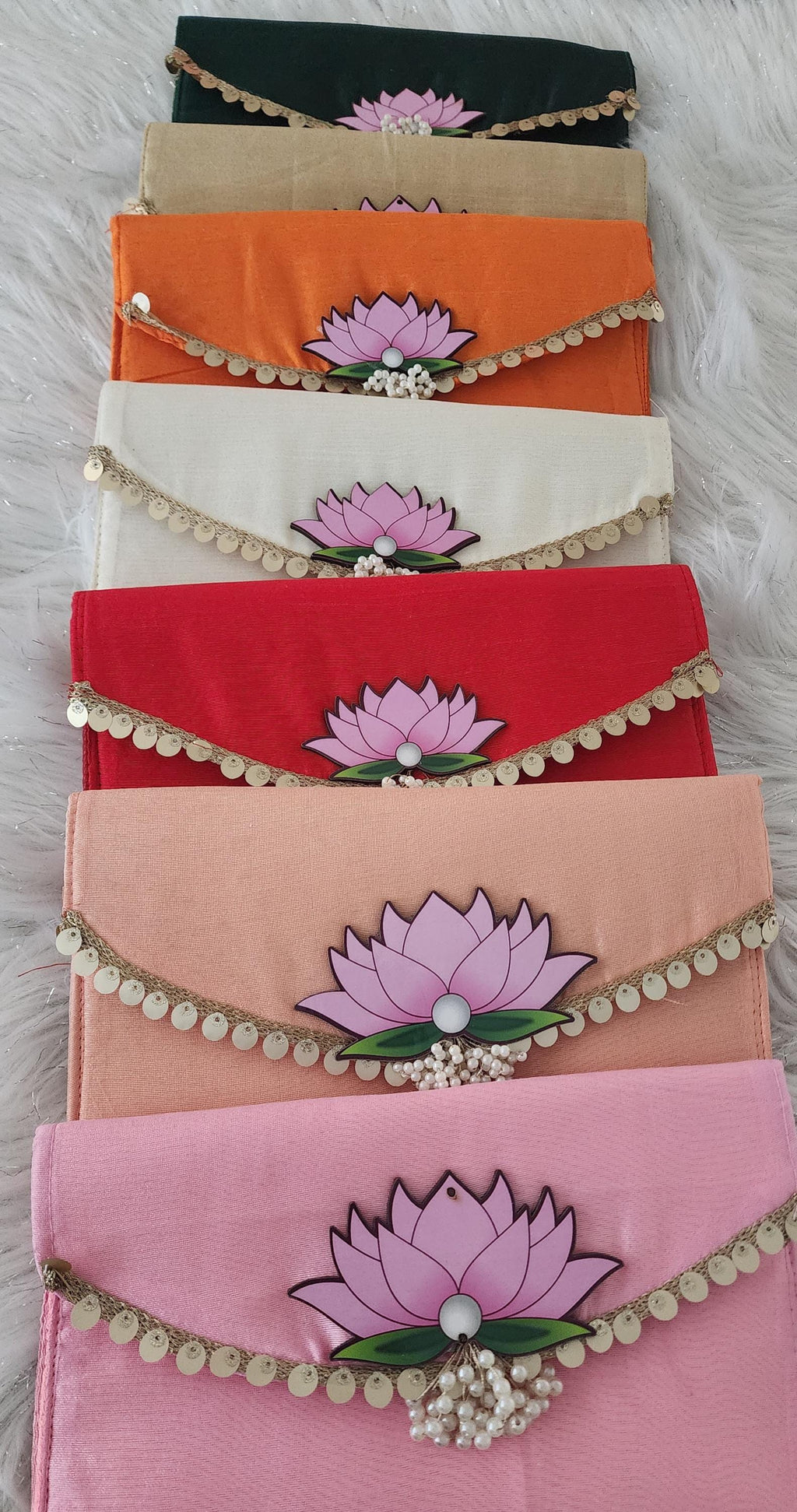 Handcrafted Clutch Purse: Indian Wedding Favor Bag with Lotus & Pearl
