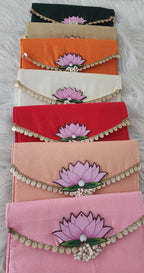 Handcrafted Clutch Purse: Indian Wedding Favor Bag with Lotus & Pearl