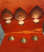 Handmade Metallic Urli Diya with Stand: Lotus/Om Diwali Decor - 10 inch