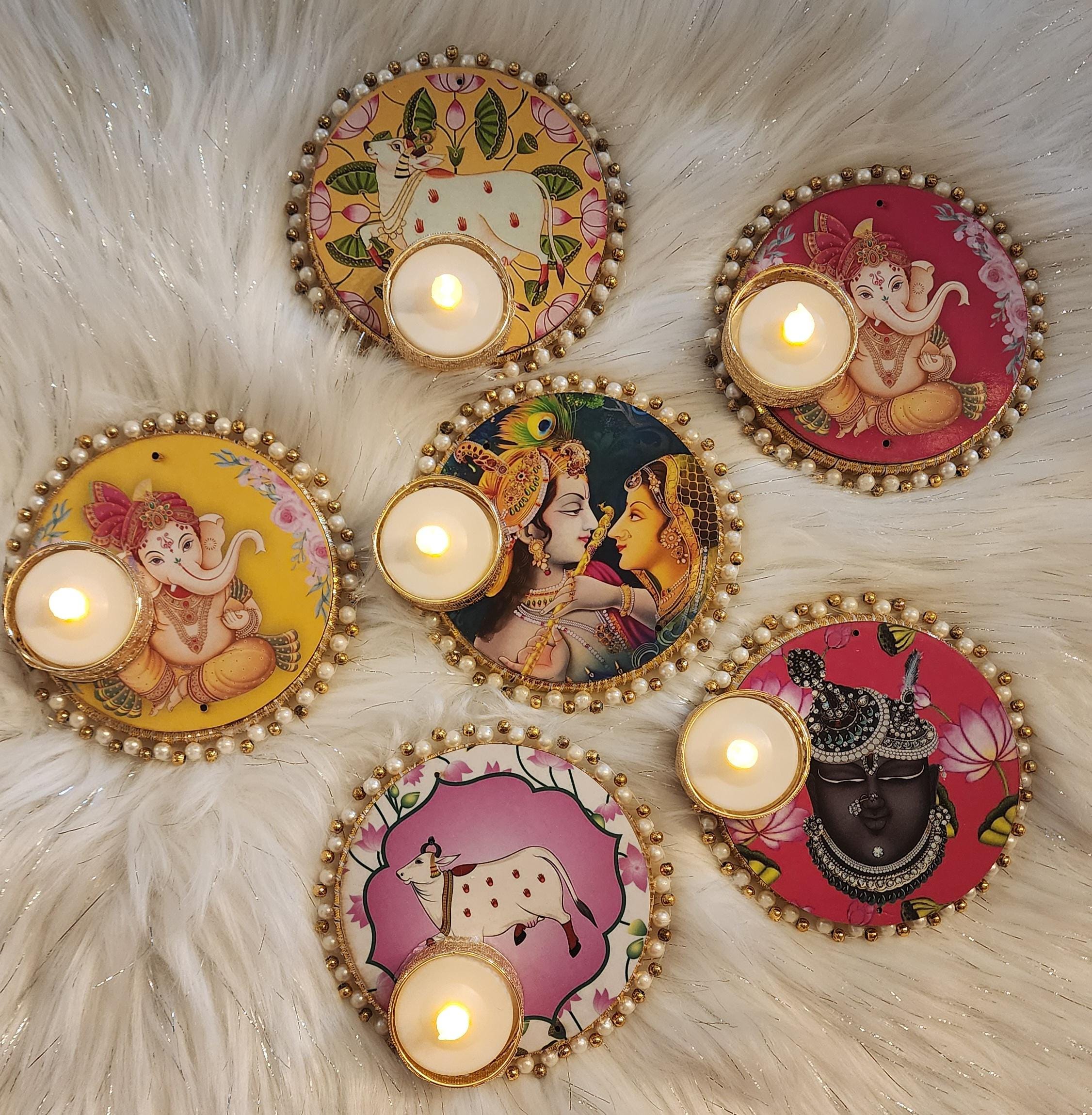 Handcrafted Ganesh, Krishna, Cow Tea Light Holder: Diwali Decor