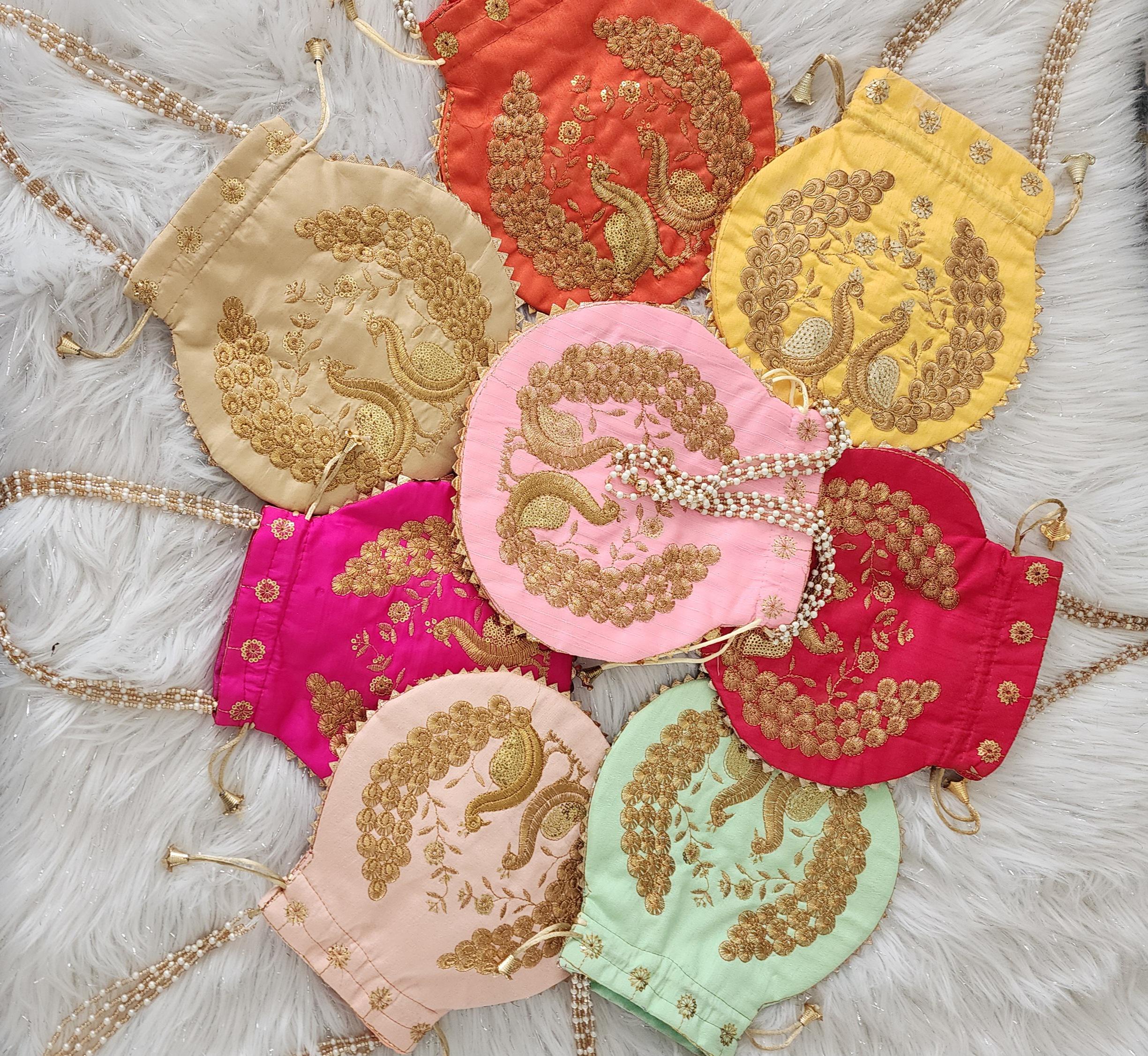 Embroidered Silk Peacock Print Potli Bag: Indian Wedding Favor, Henna Party Gift