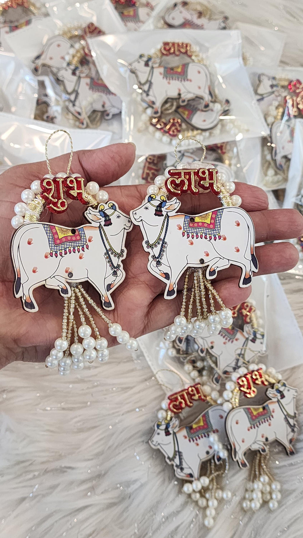 Pichwai Handmade Cow Shubh-Labh Hanging: Diwali Mandir Decor.