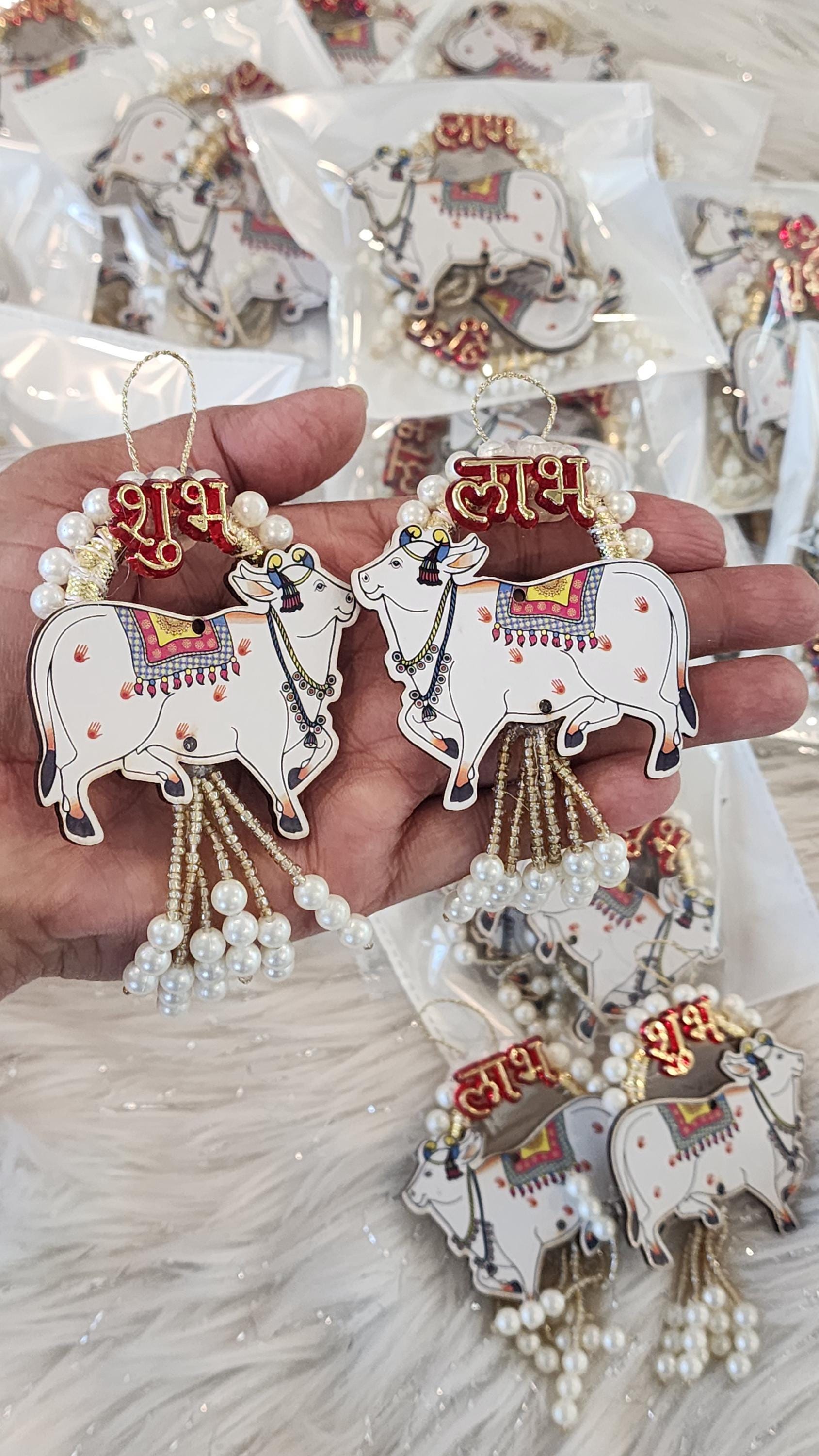 Pichwai Handmade Cow Shubh-Labh Hanging: Diwali Mandir Decor.