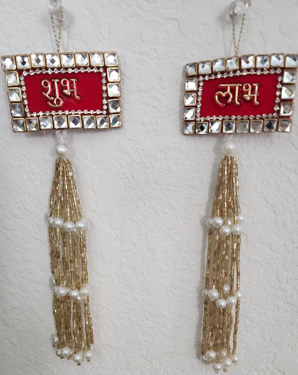 Kundan Shubh-Labh Hanging: Red Velvet Diwali Mandir Decor.