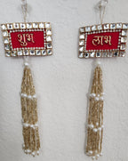 Kundan Shubh-Labh Hanging: Red Velvet Diwali Mandir Decor.