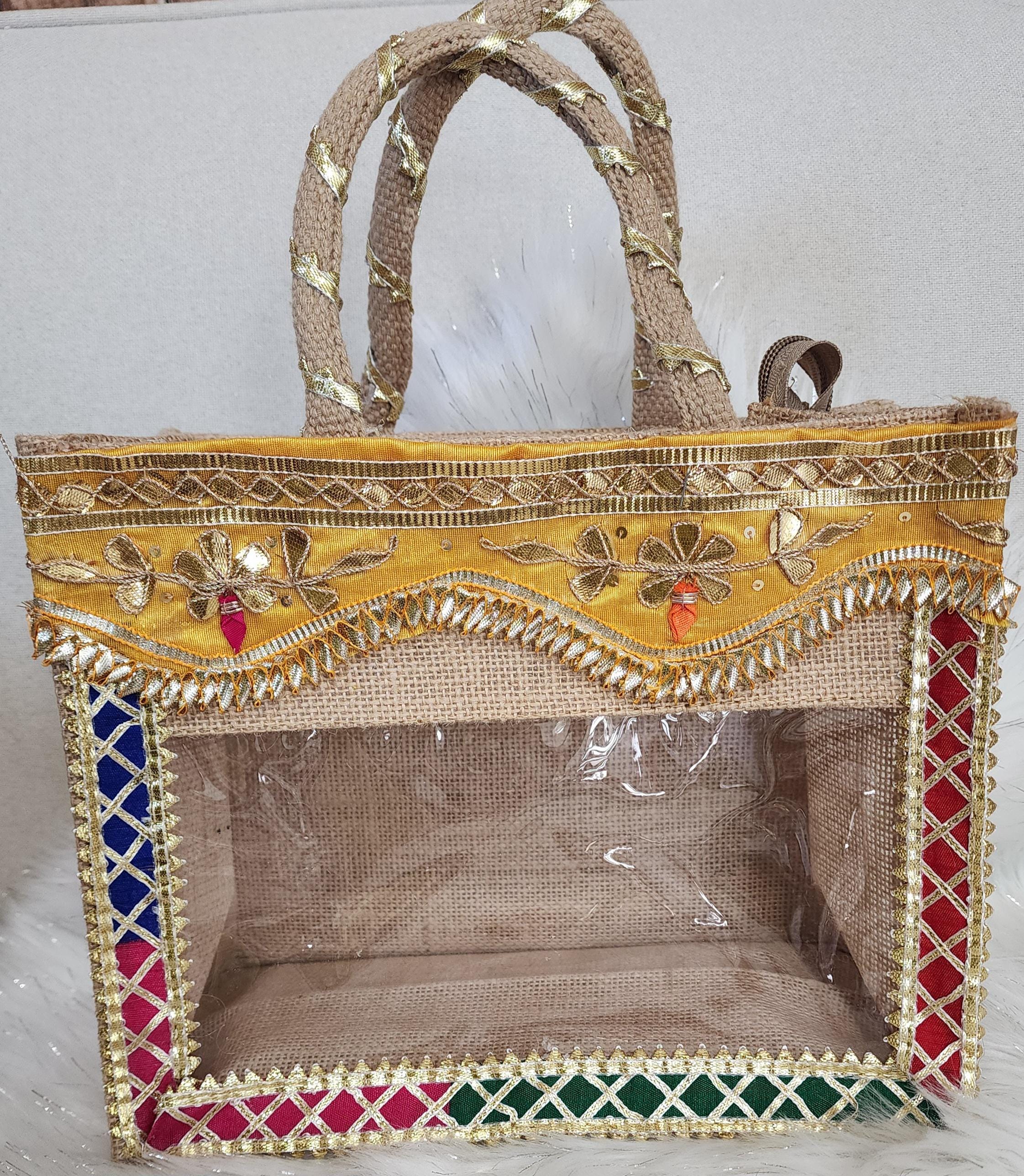 Gota Patti Handcrafted Gift Bag: Transparent Pooja Favor Bag.