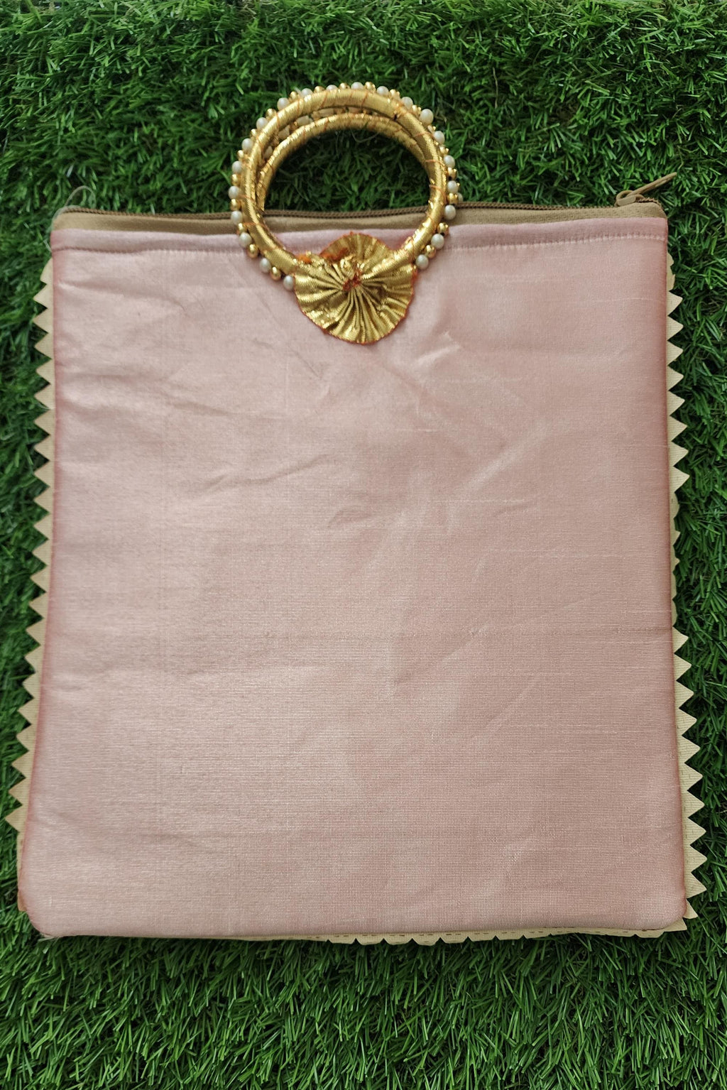 Baby Shower Favor Bag: Silk Handbag with Gold Handle & Zipper