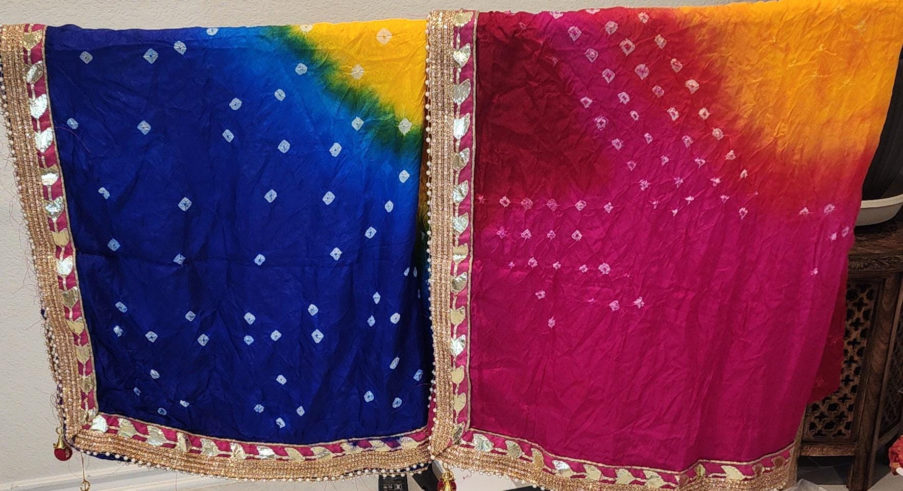Bandhani Art Silk Dupatta: Rajasthani Gota Pati Wedding Scarf.