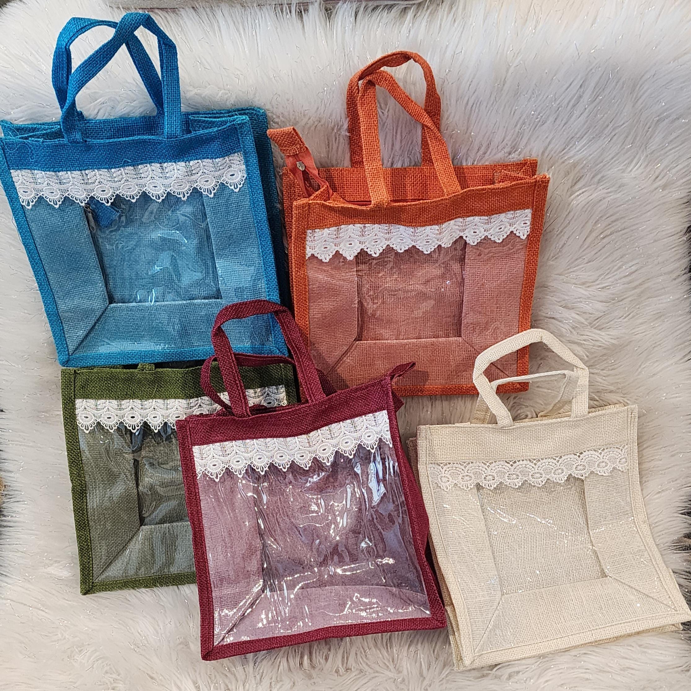 Jute Gift Handmade Bag with Lace & Transparent Panel - Party Favor Bag.