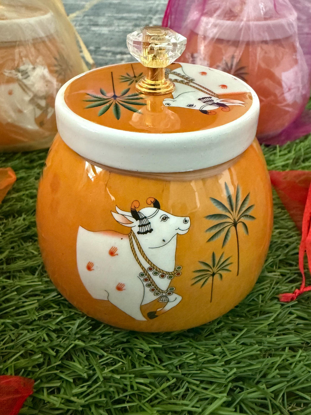 Pichwai Art Handmade Jar Nandi Cow Design, Copper Home Decor.