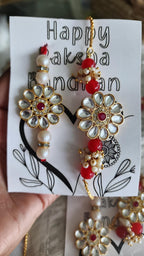 Handmade Kundan Couple Rakhi Set: Pearl Chain, Roli & Chawal
