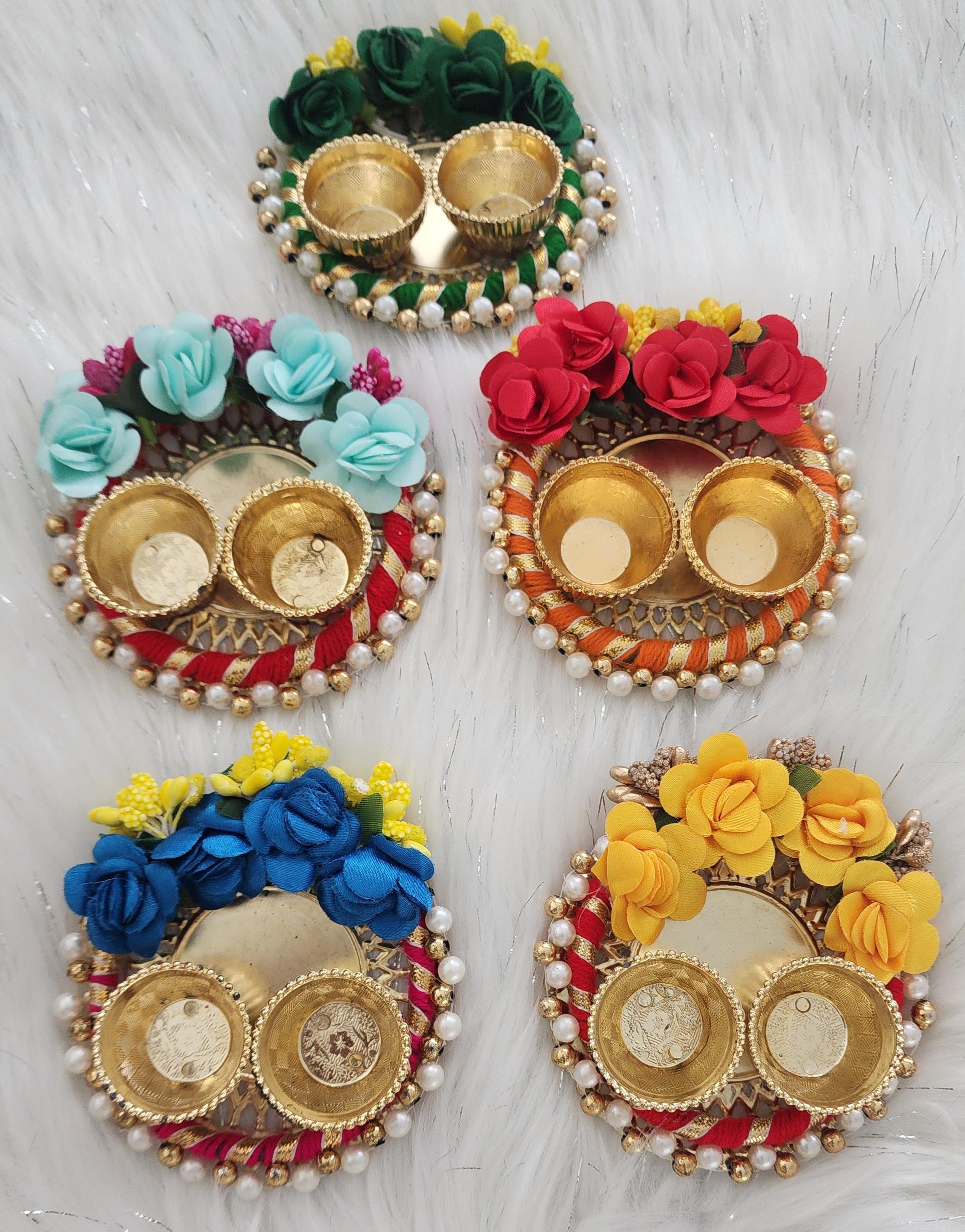 Floral Haldi Kumkum Plate: Mehndi Decor Pooja Thali